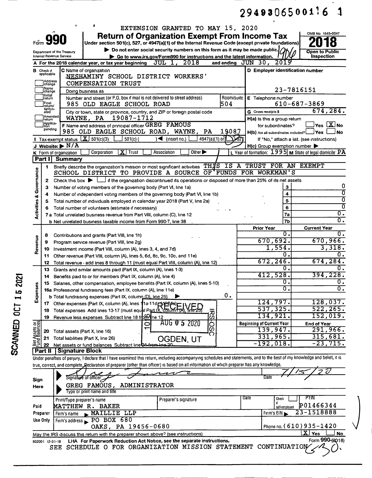 Image of first page of 2018 Form 990 for Neshaminy School District Workers' Compensation Trust