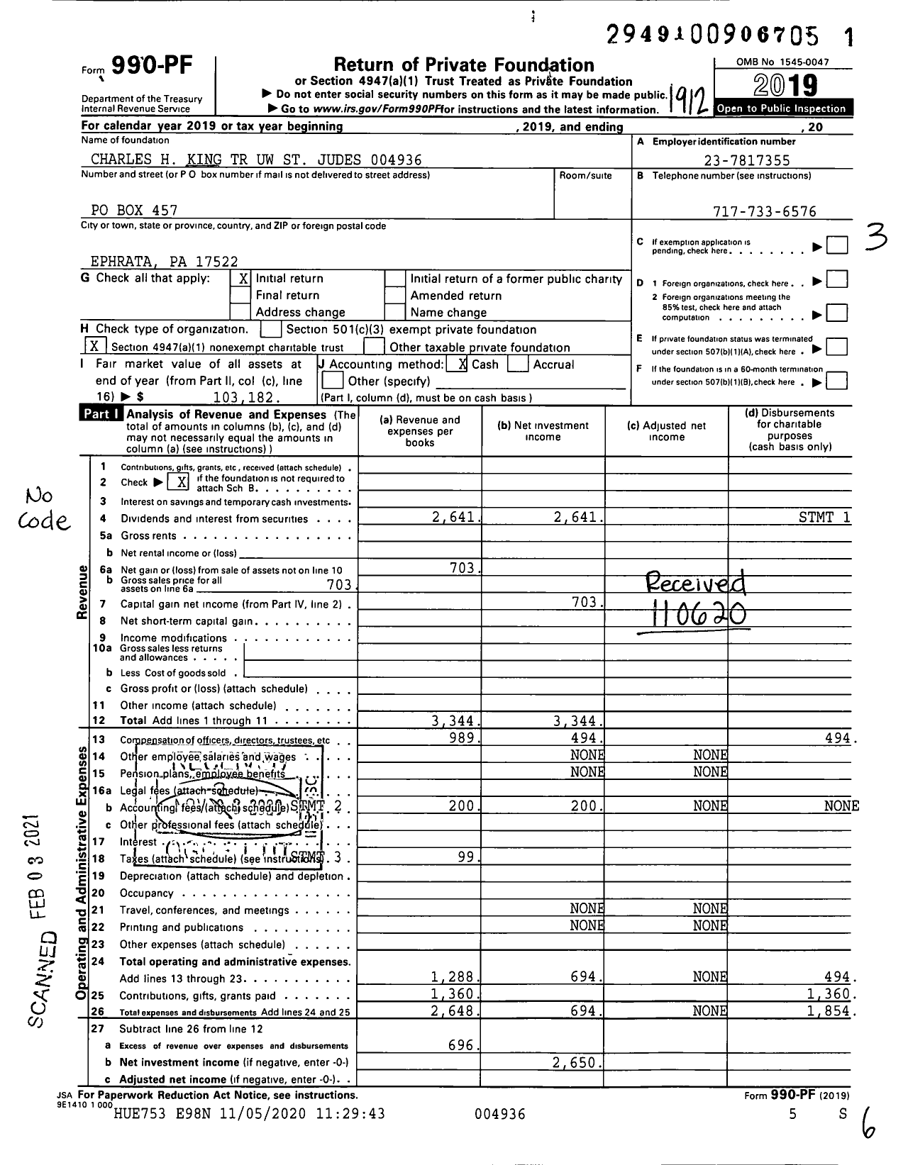 Image of first page of 2019 Form 990PF for Charles H King TR Uw St Judes 004936