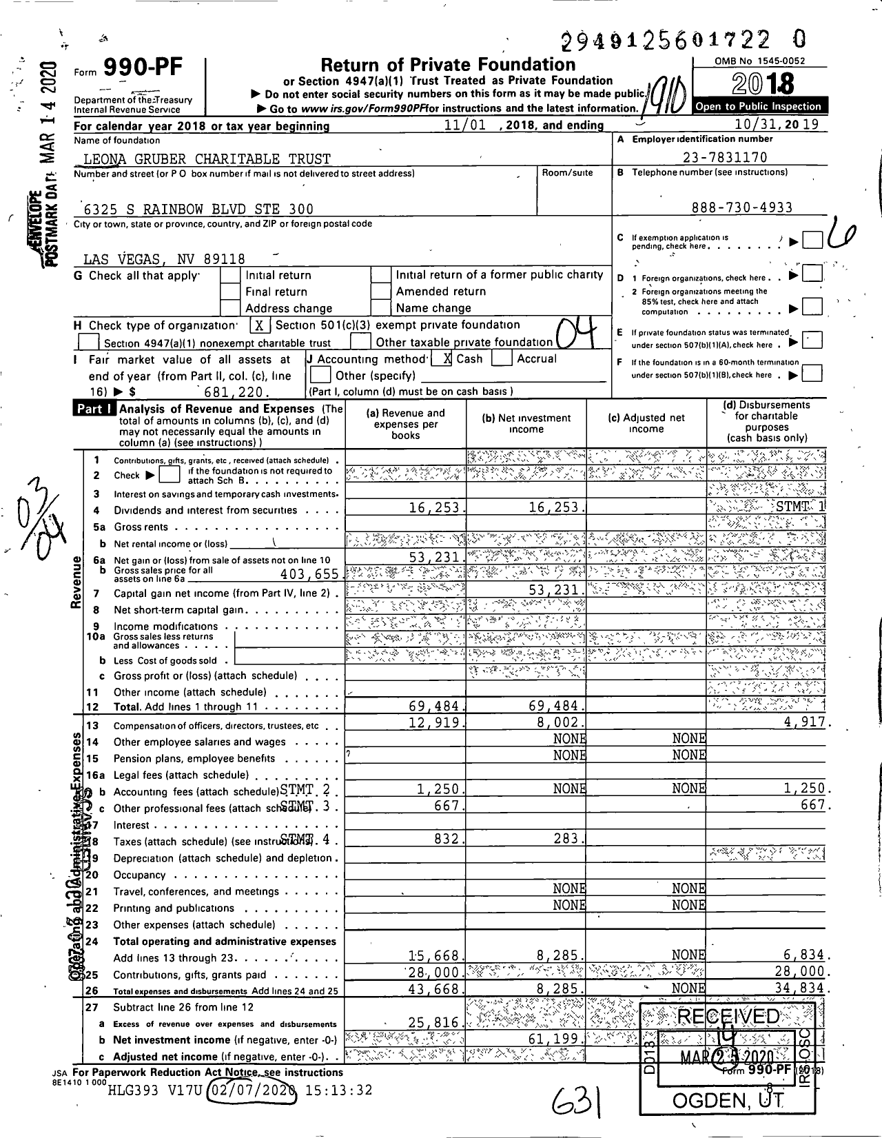 Image of first page of 2018 Form 990PR for Leona Gruber Charitable Trust