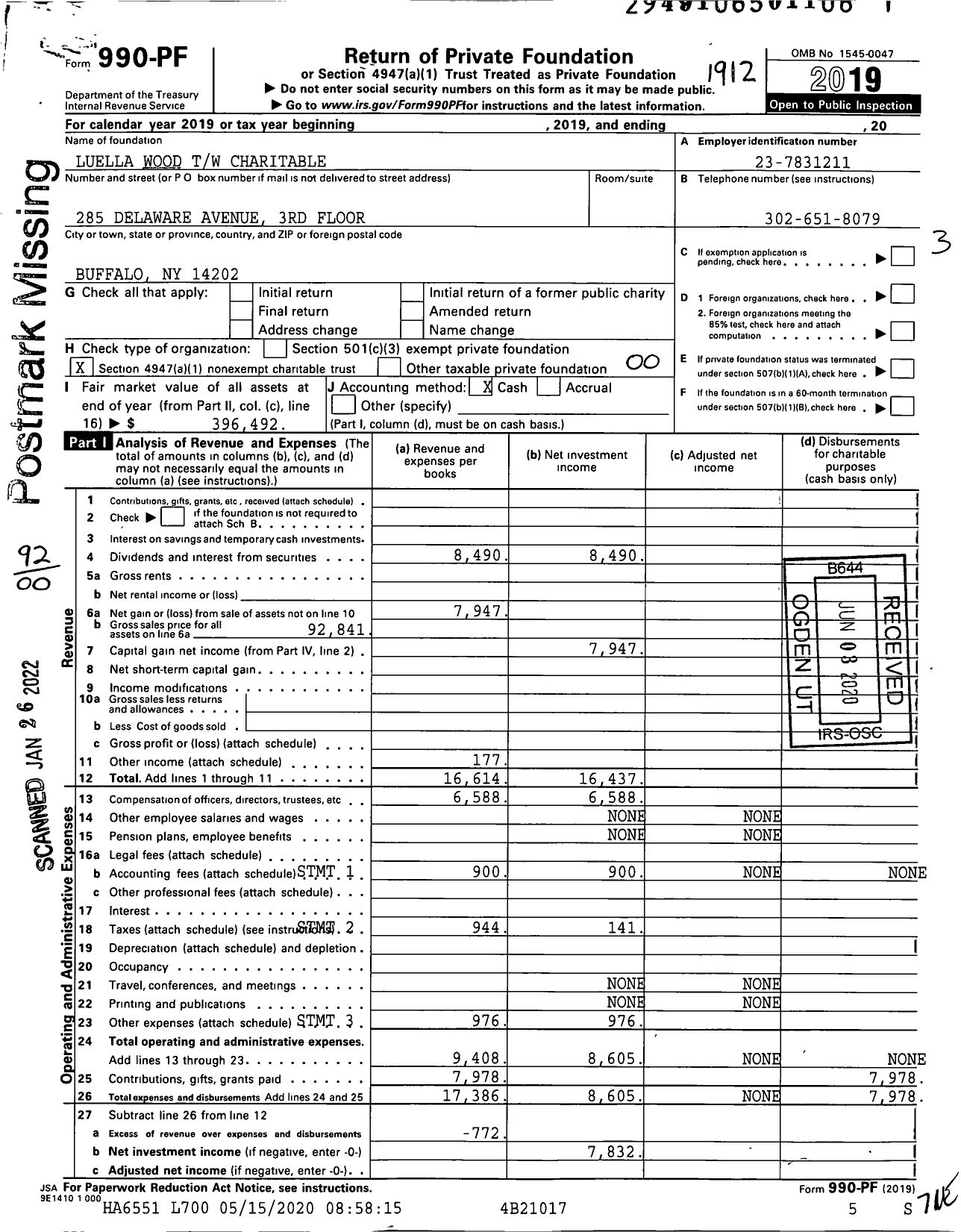 Image of first page of 2019 Form 990PF for Luella Wood TW Charitable