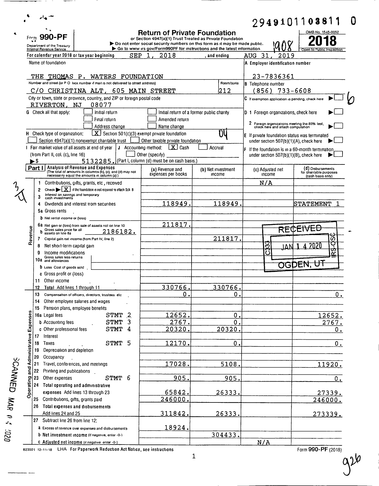 Image of first page of 2018 Form 990PR for The Thomas P Waters Foundation