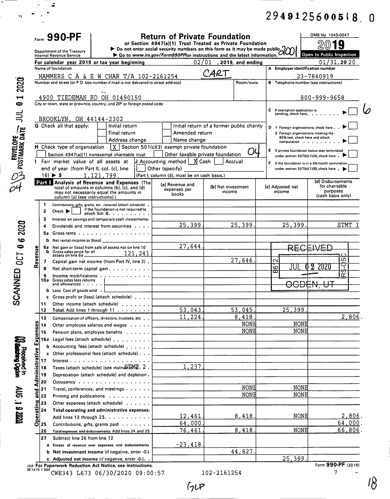 Image of first page of 2019 Form 990PR for Hammers C A and E W Char Ta