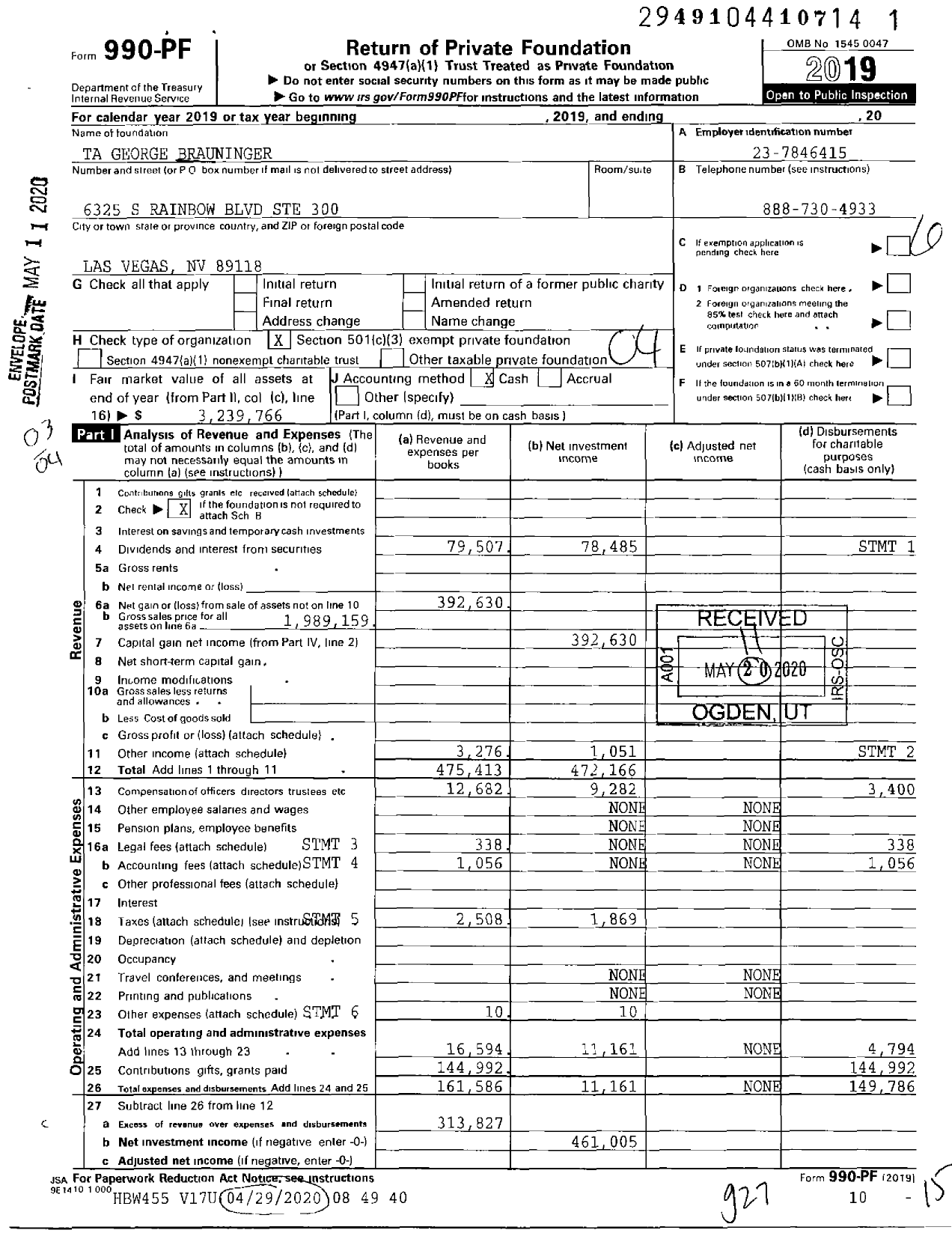 Image of first page of 2019 Form 990PF for Ta George Brauninger