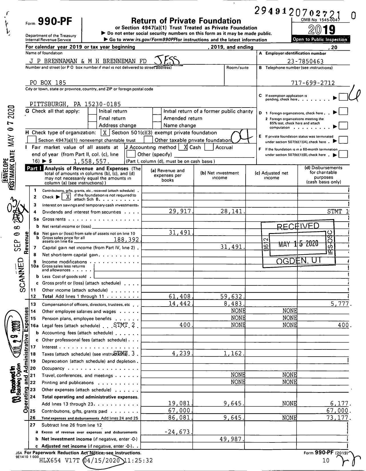 Image of first page of 2019 Form 990PR for J P Brennaman and M H Brenneman Fund