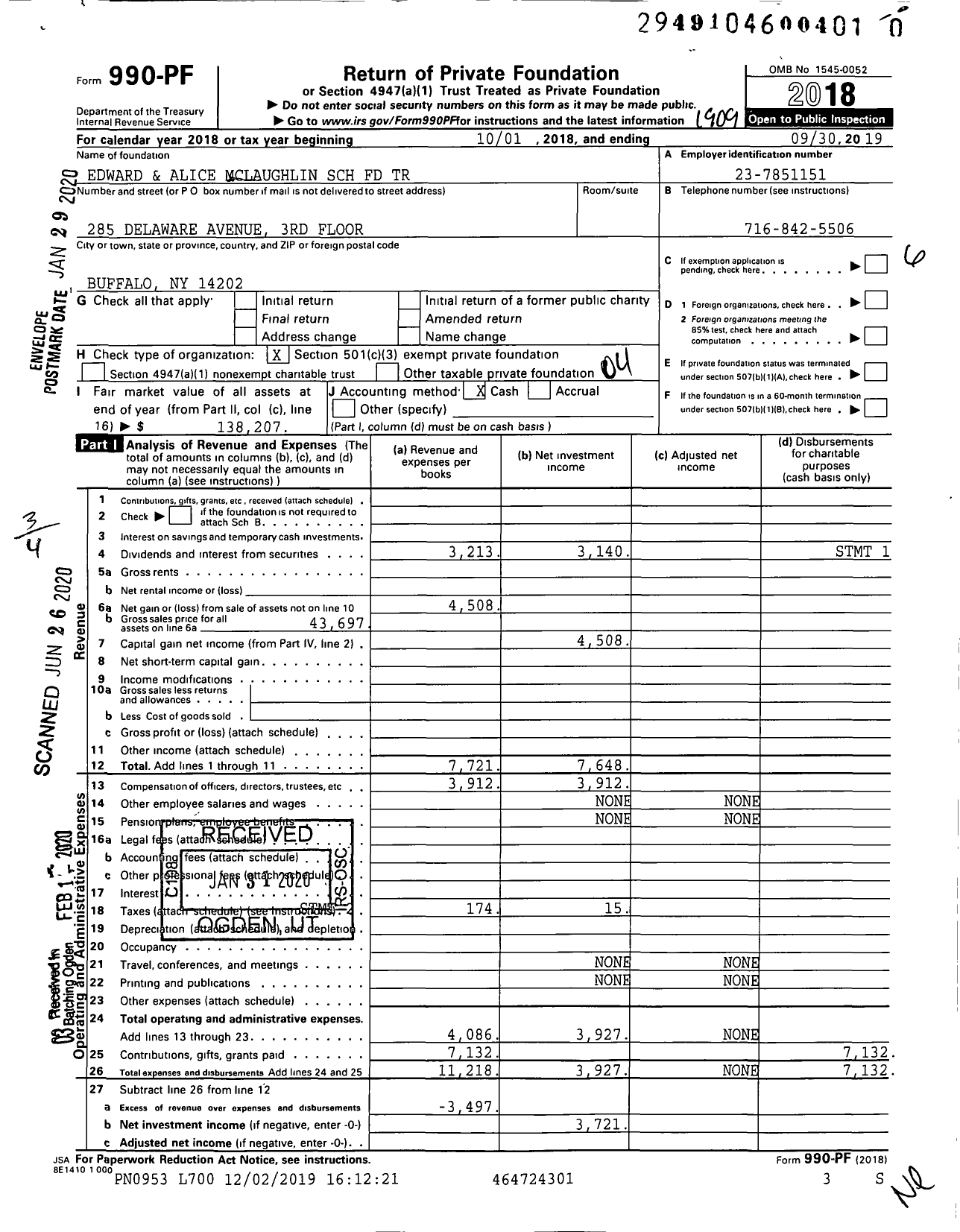 Image of first page of 2018 Form 990PR for Edward and Alice Mclaughlin SCH FD Trust