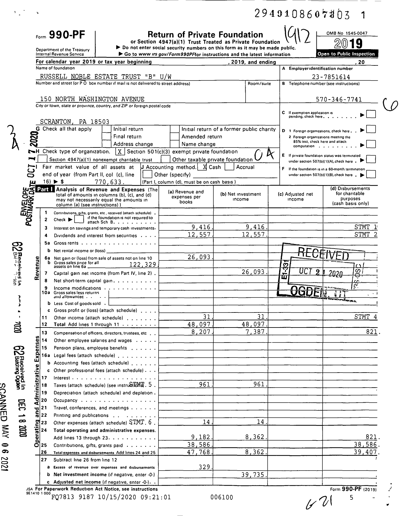 Image of first page of 2019 Form 990PF for Russell Noble Estate Trust B Uw