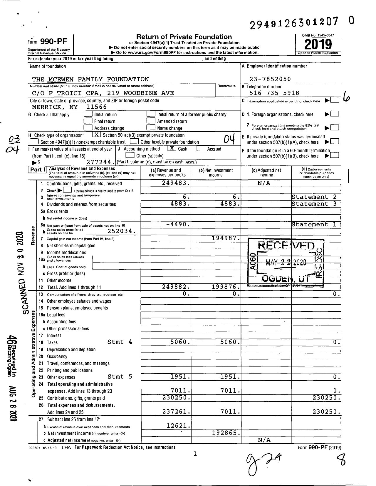 Image of first page of 2019 Form 990PF for The Mcewen Family Foundation