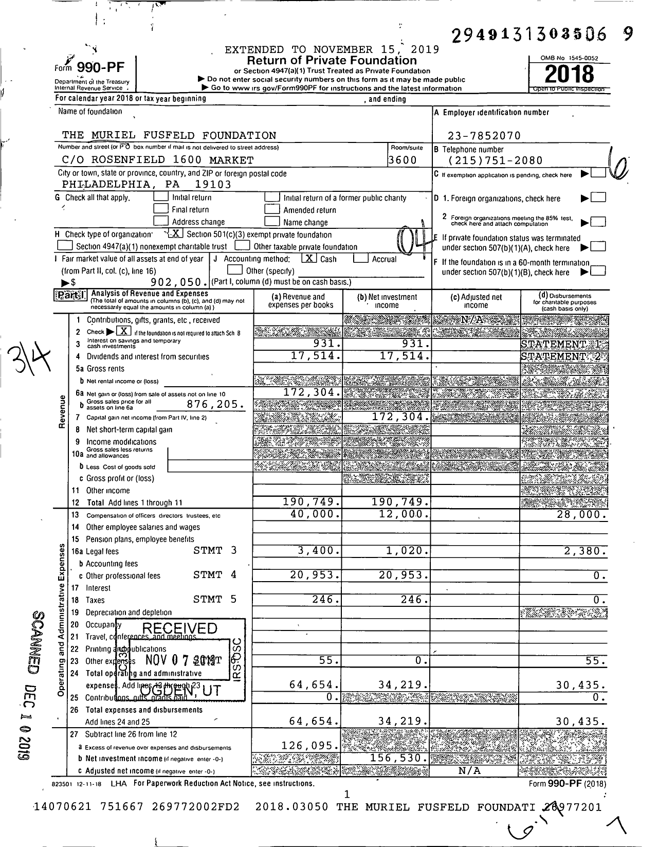 Image of first page of 2018 Form 990PF for The Muriel Fusfeld Foundation
