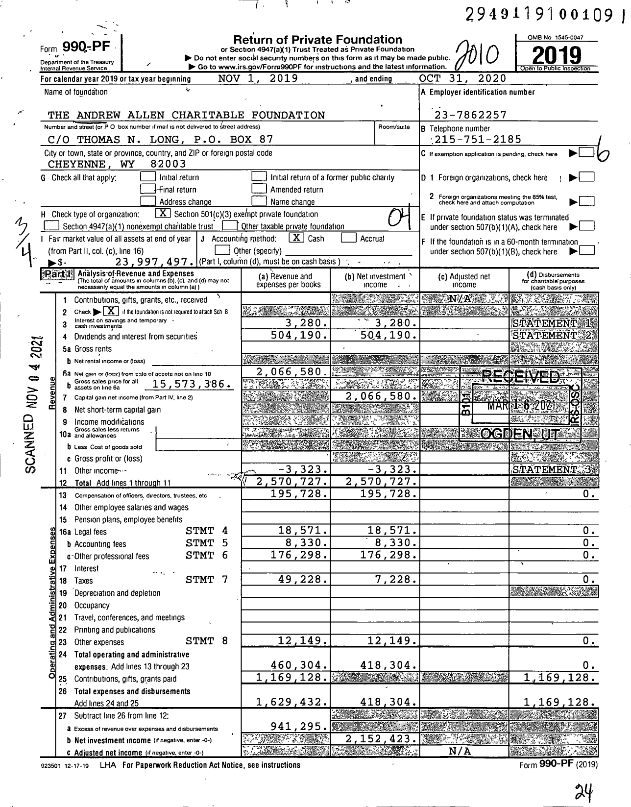 Image of first page of 2019 Form 990PF for The Andrew Allen Charitable Foundation