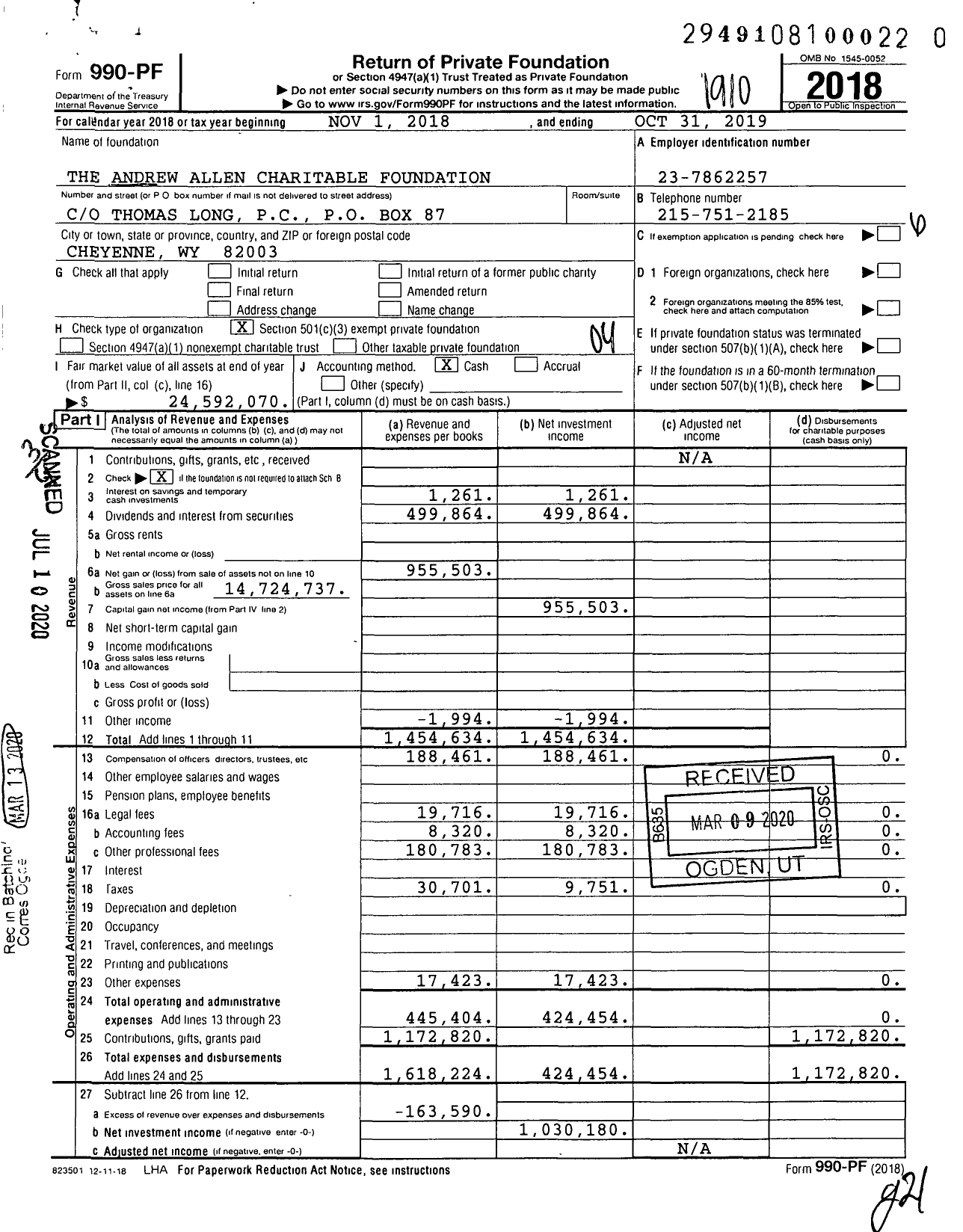 Image of first page of 2018 Form 990PR for The Andrew Allen Charitable Foundation