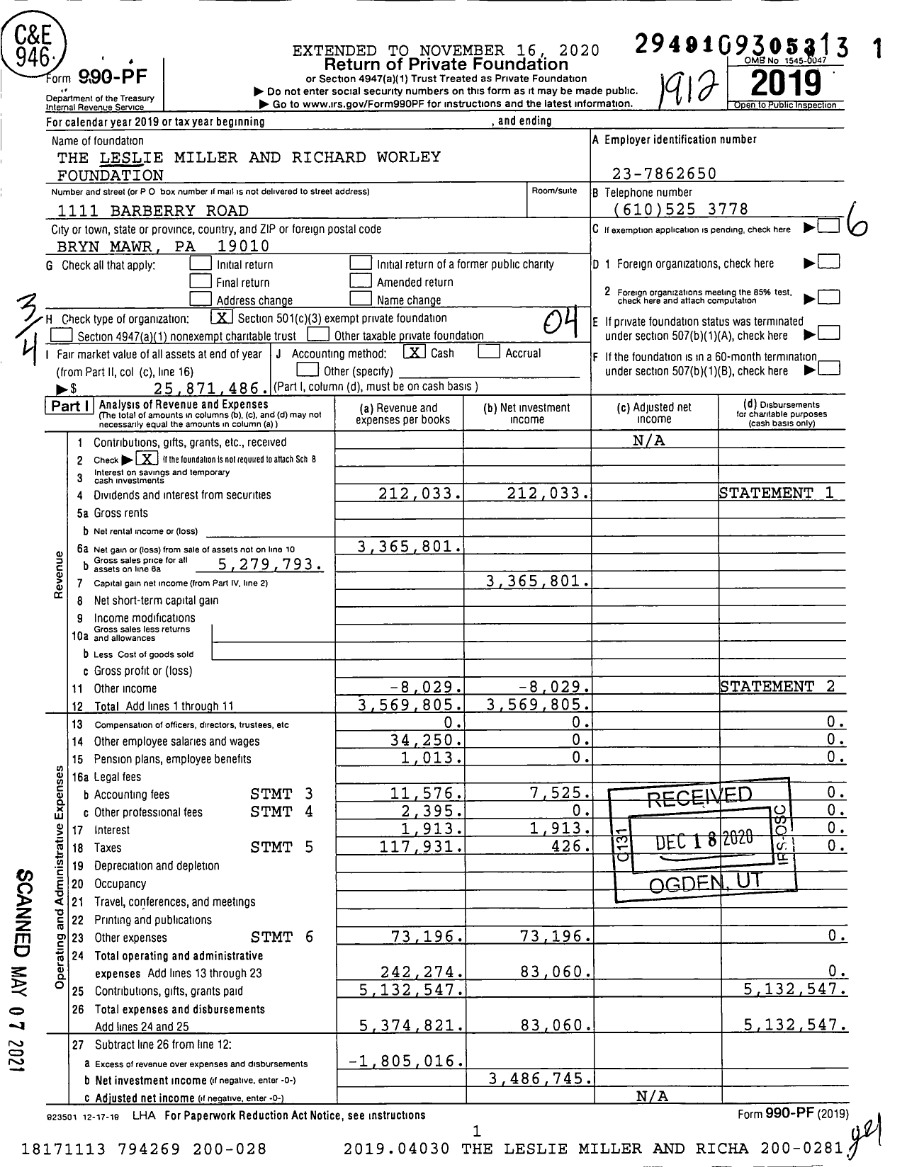 Image of first page of 2019 Form 990PF for The Leslie Miller and Richard Worley Foundation