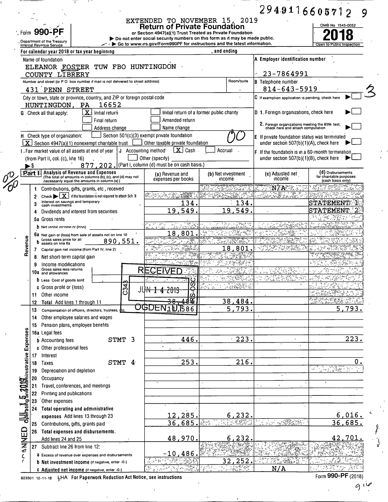 Image of first page of 2018 Form 990PF for Eleanor Foster Tuw Fbo Huntingdon County