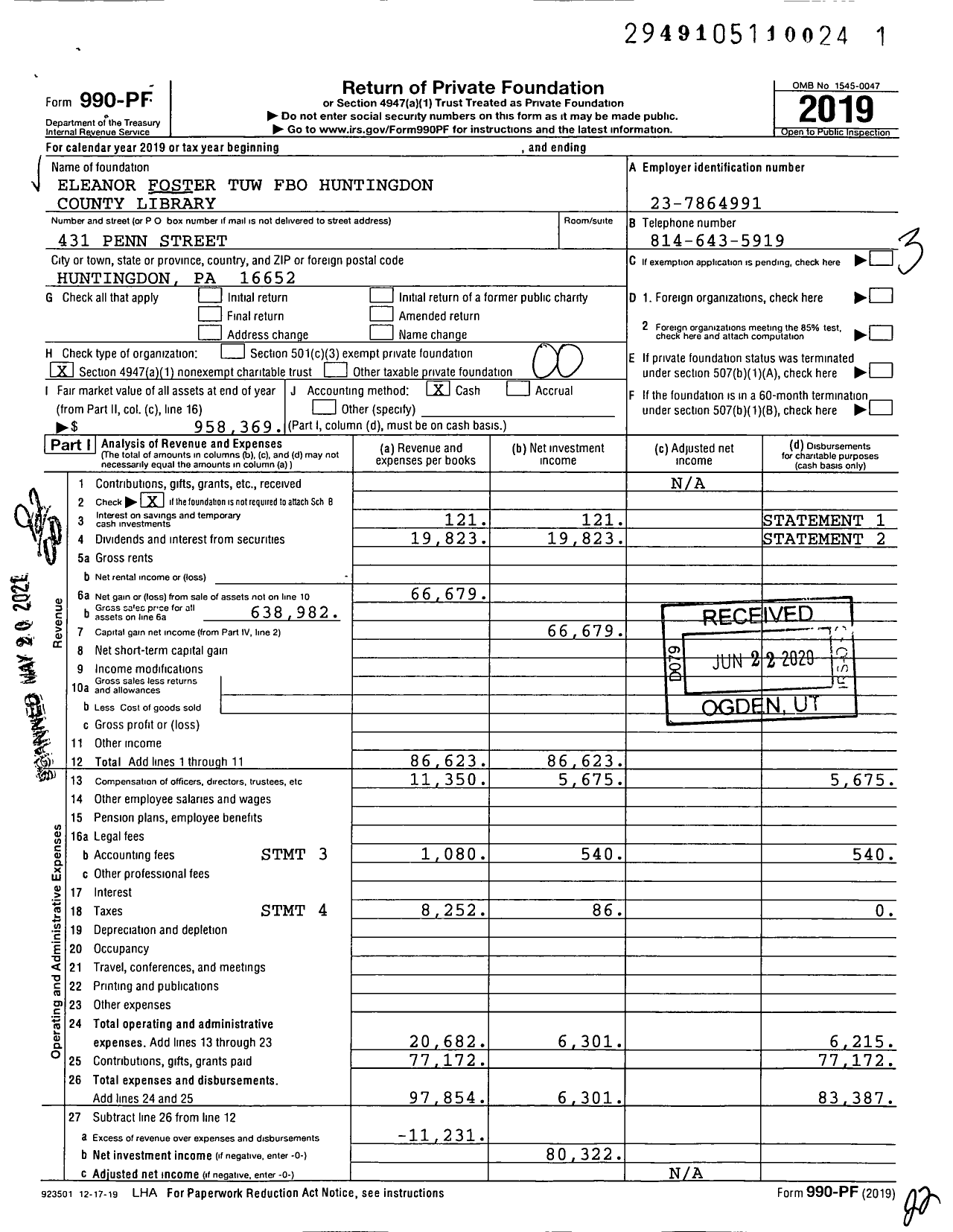 Image of first page of 2019 Form 990PF for Eleanor Foster Tuw Fbo Huntingdon County