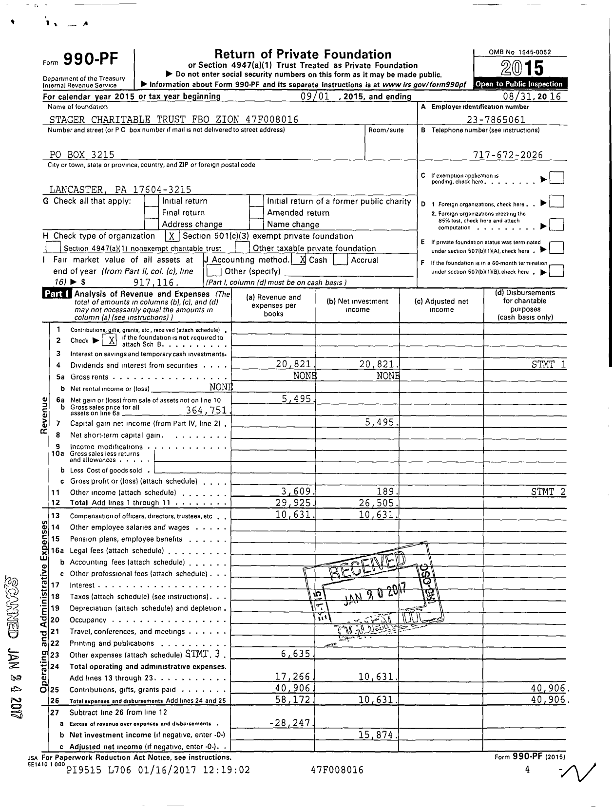 Image of first page of 2015 Form 990PF for Stager Charitable Trust Fbo Zion 47f008016