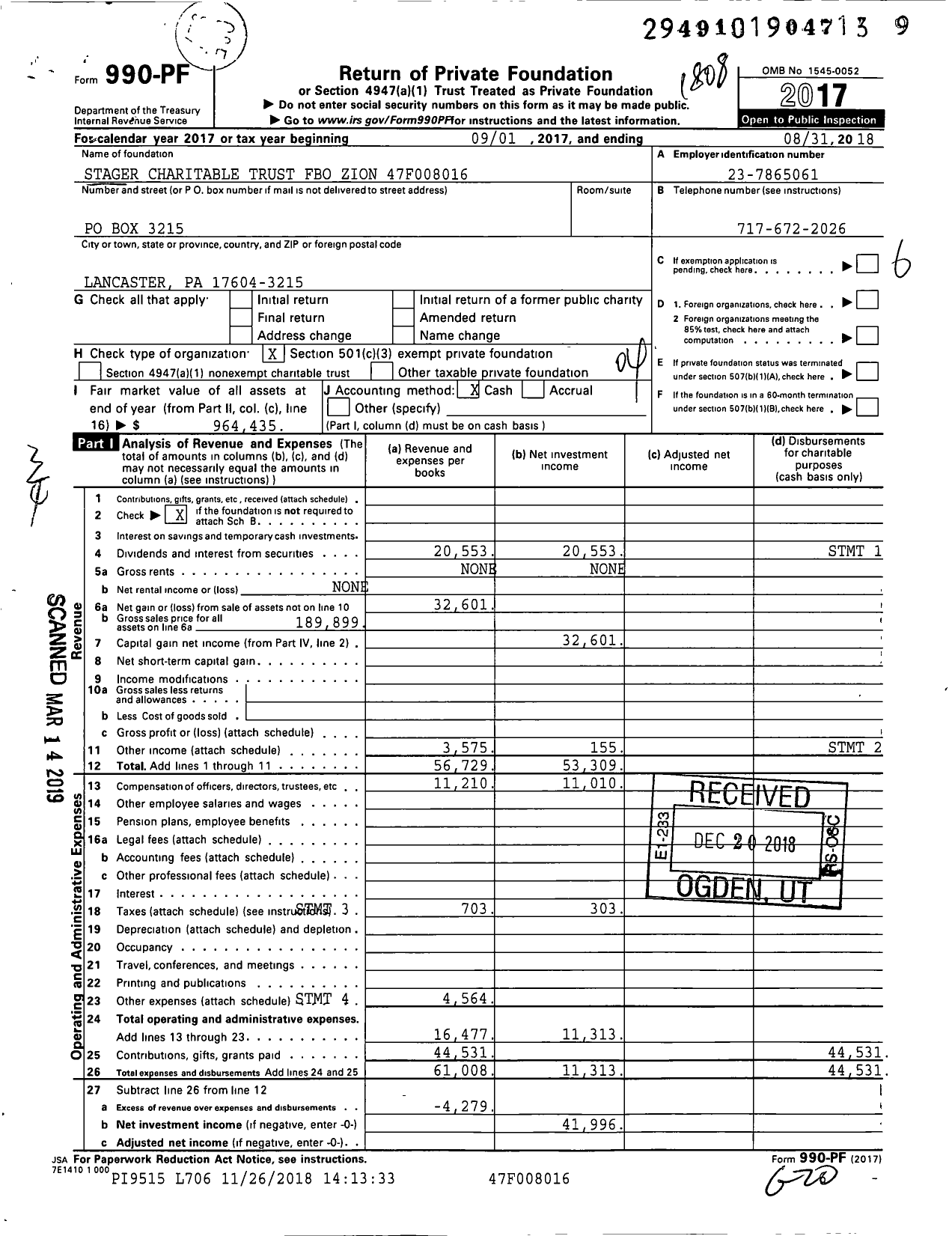 Image of first page of 2017 Form 990PF for Stager Charitable Trust 47f008016