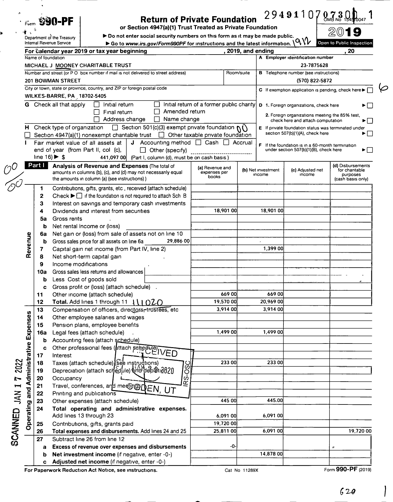 Image of first page of 2019 Form 990PF for Michael J Mooney Charitable Trust