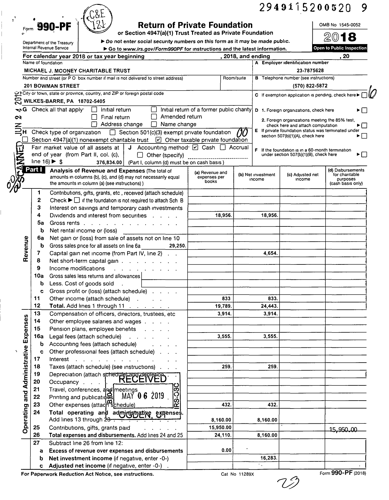 Image of first page of 2018 Form 990PF for Michael J Mooney Charitable Trust