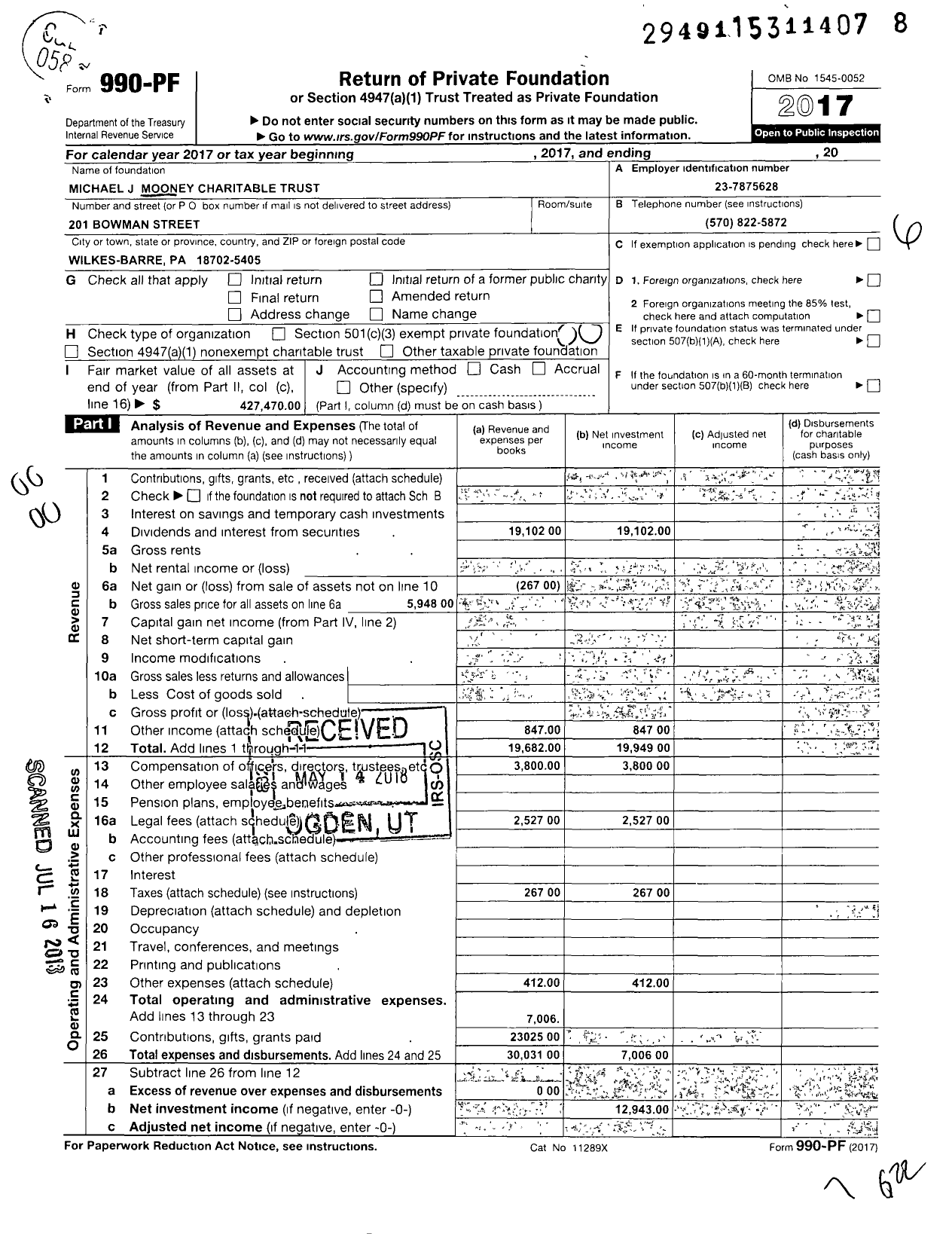 Image of first page of 2017 Form 990PF for Michael J Mooney Charitable Trust