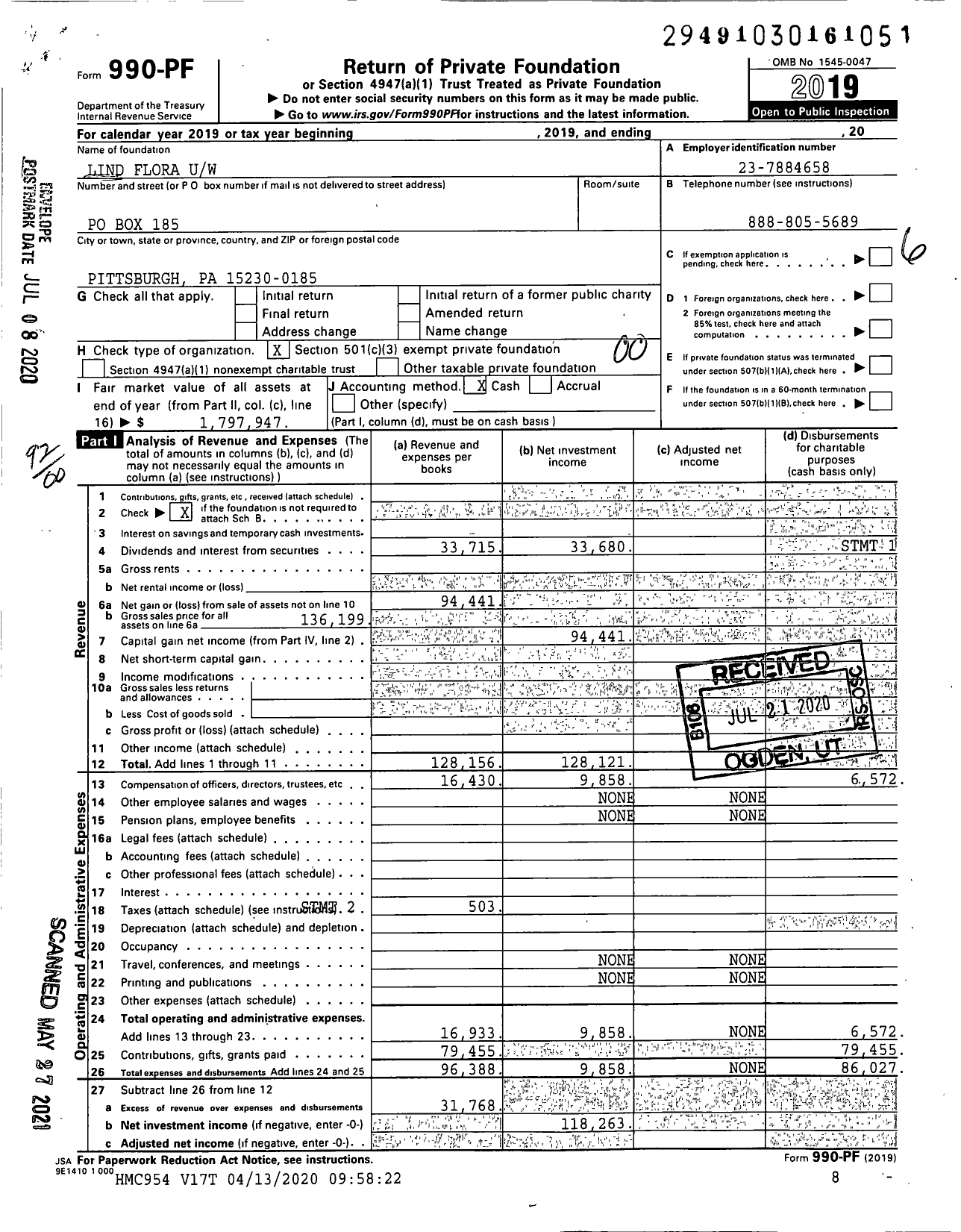 Image of first page of 2019 Form 990PF for Lind Flora Uw