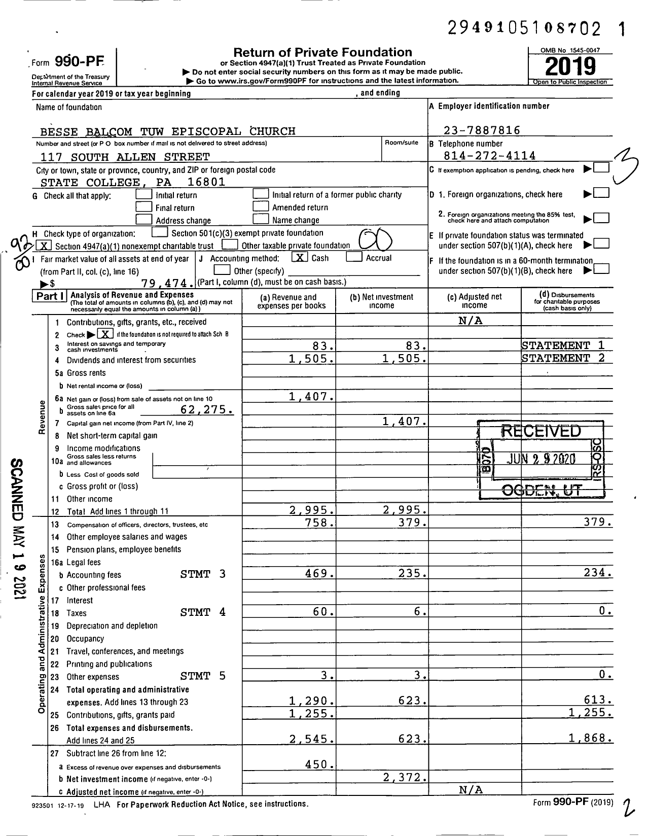 Image of first page of 2019 Form 990PF for Besse Balcom Tuw Episcopal Church