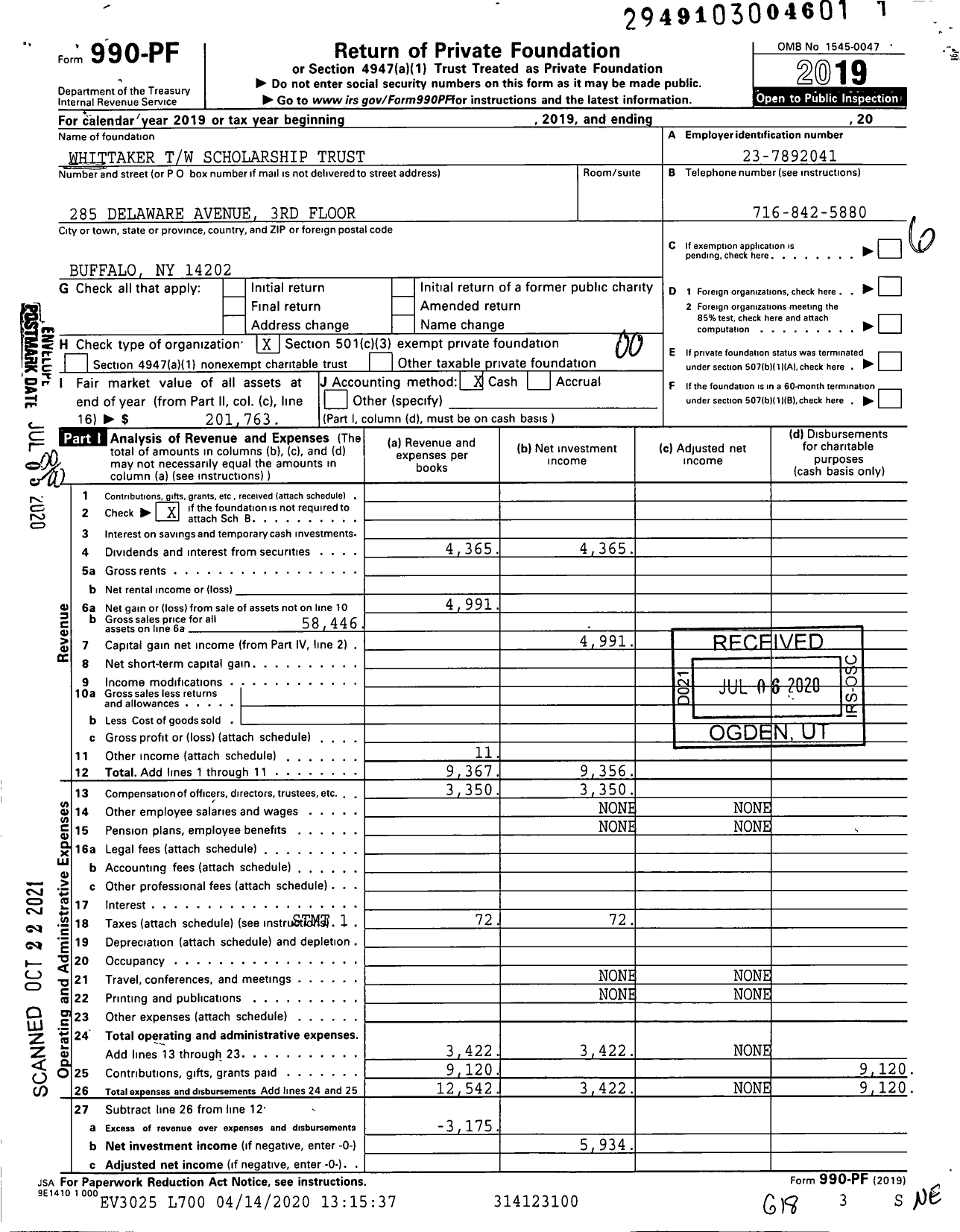 Image of first page of 2019 Form 990PF for Whittaker TW Scholarship Trust