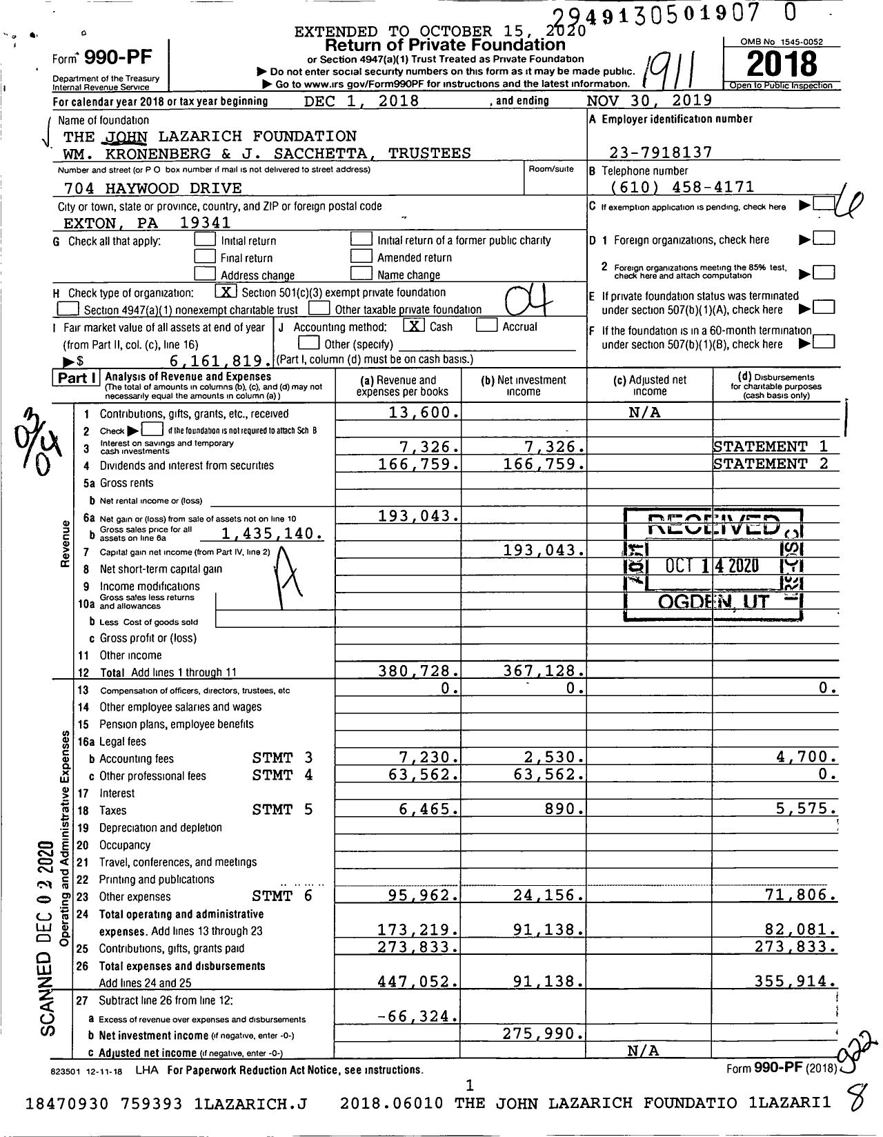 Image of first page of 2018 Form 990PF for The John Lazarich Foundation WM Kronenberg and J Sacchetta Trustees