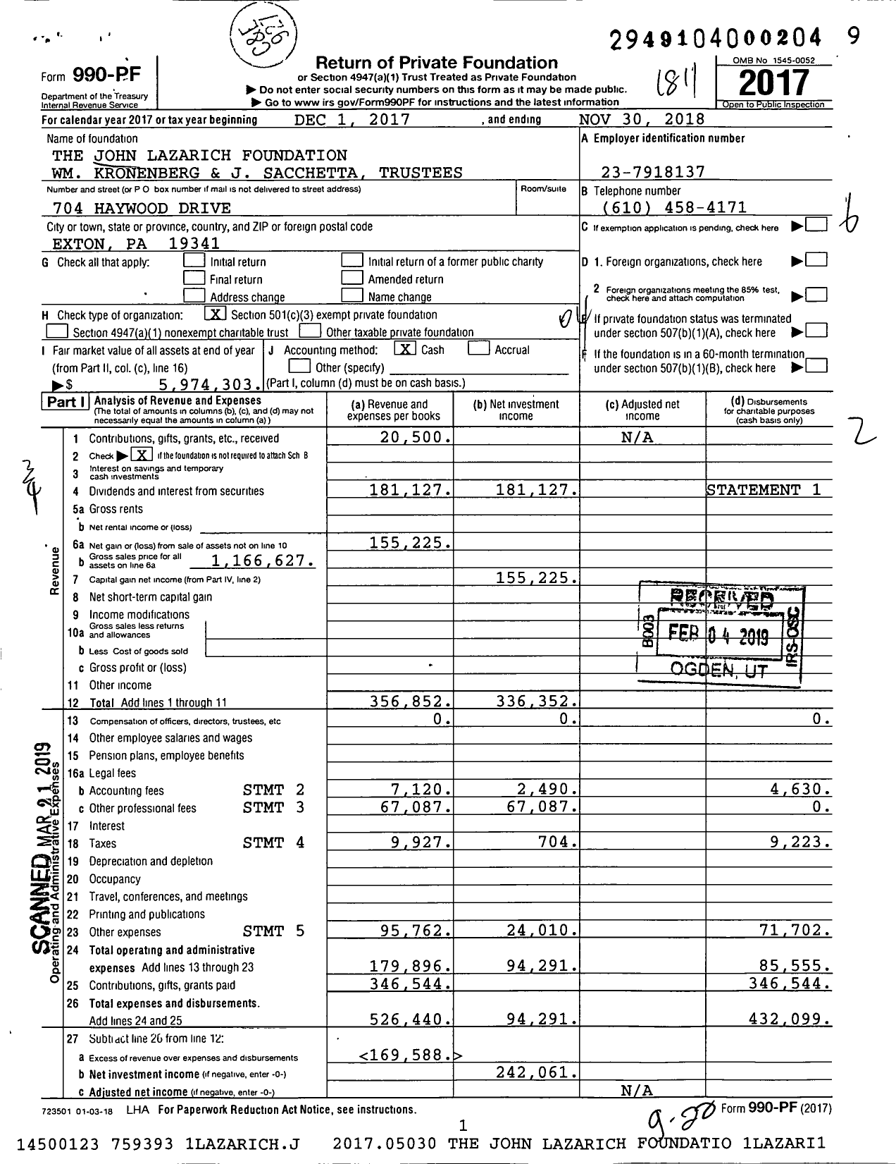 Image of first page of 2017 Form 990PF for The John Lazarich Foundation WM Kronenberg and J Sacchetta Trustees