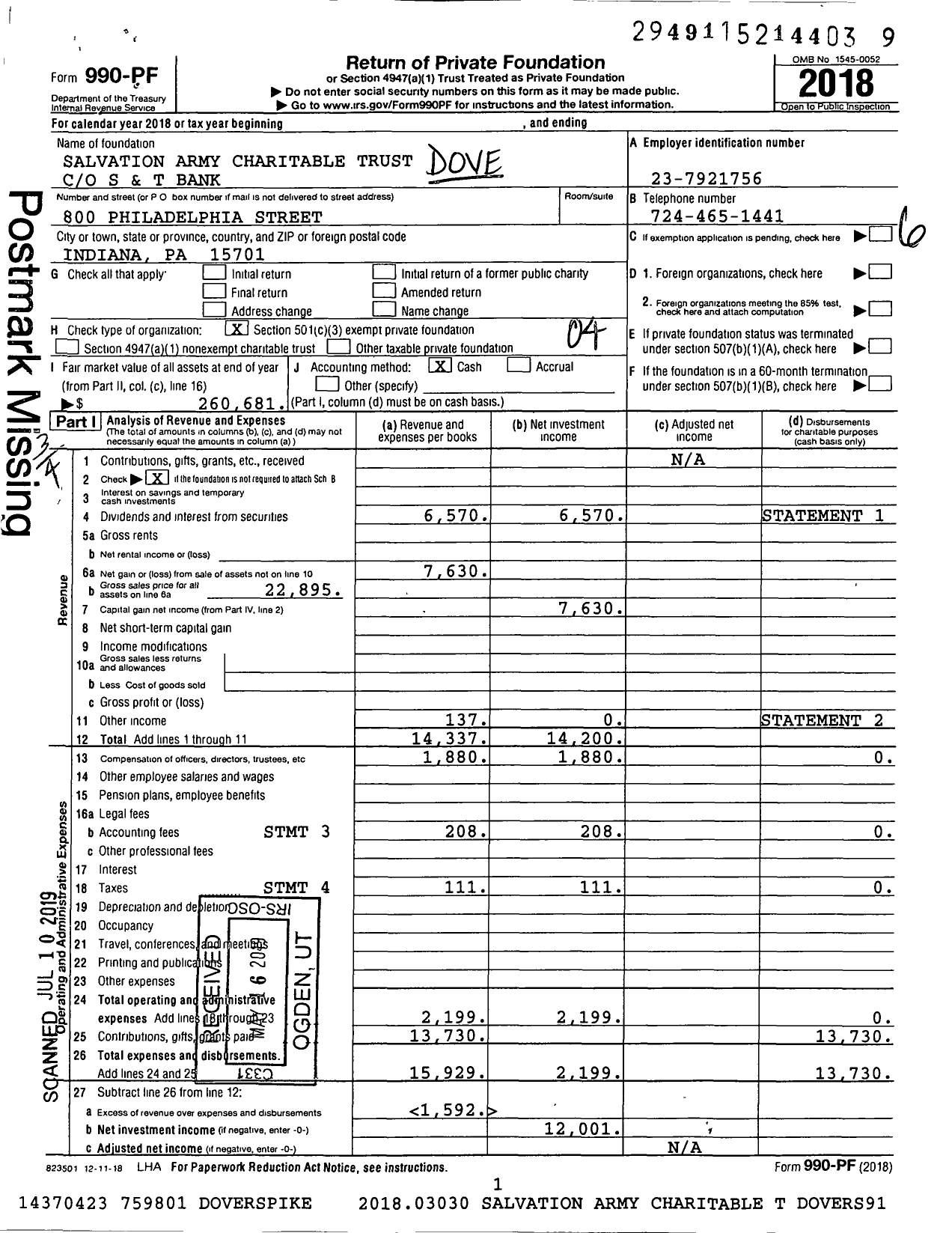 Image of first page of 2018 Form 990PF for Salvation Army Charitable Trust