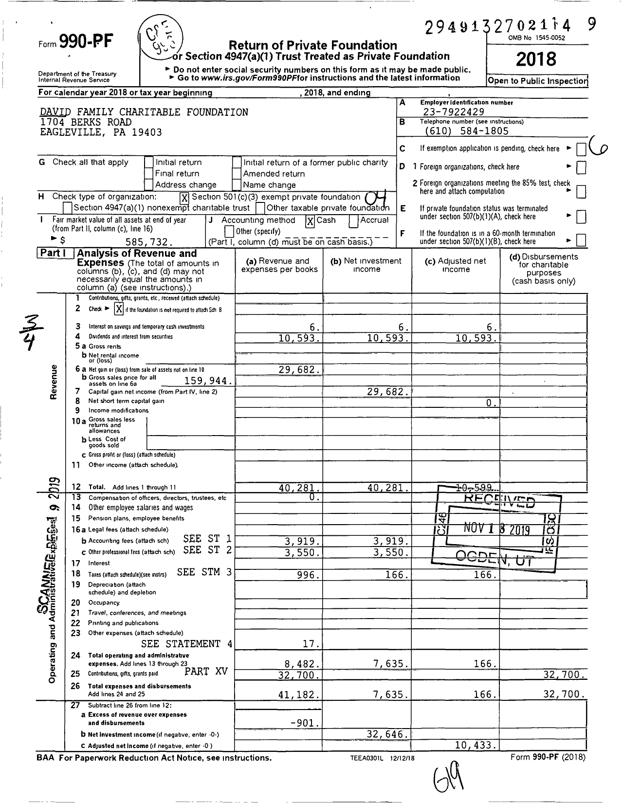 Image of first page of 2018 Form 990PF for David Family Charitable Foundation