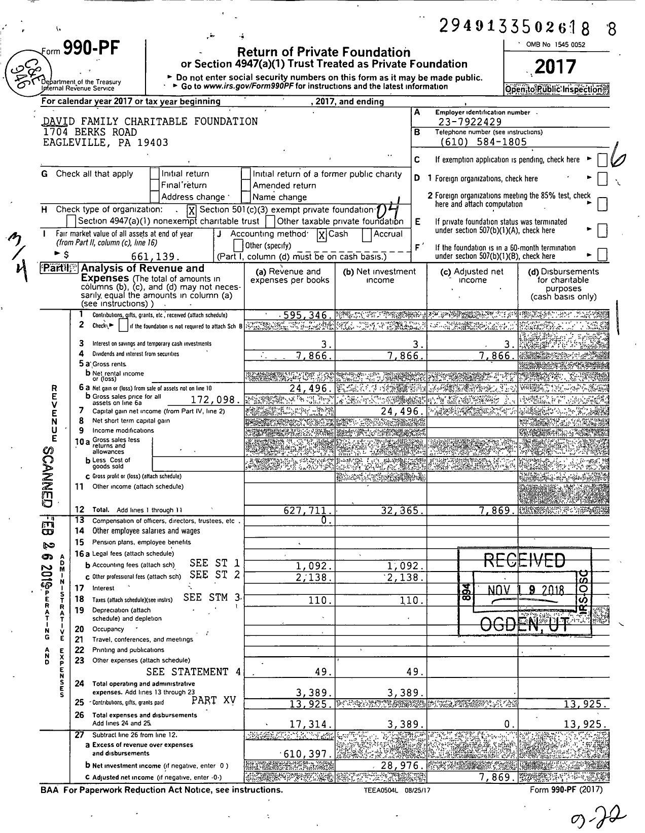 Image of first page of 2017 Form 990PF for David Family Charitable Foundation