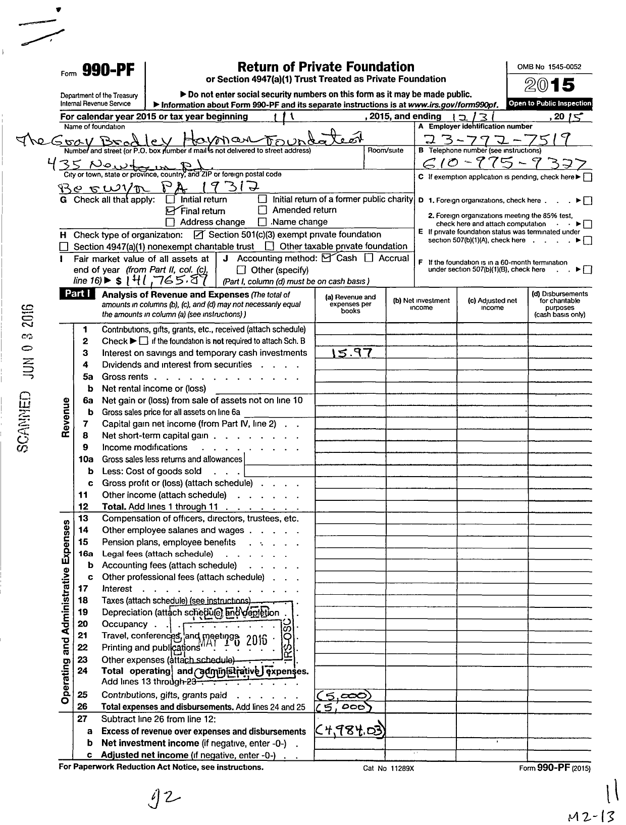 Image of first page of 2015 Form 990PF for The Gray Bradley Hayman Foundation Ii