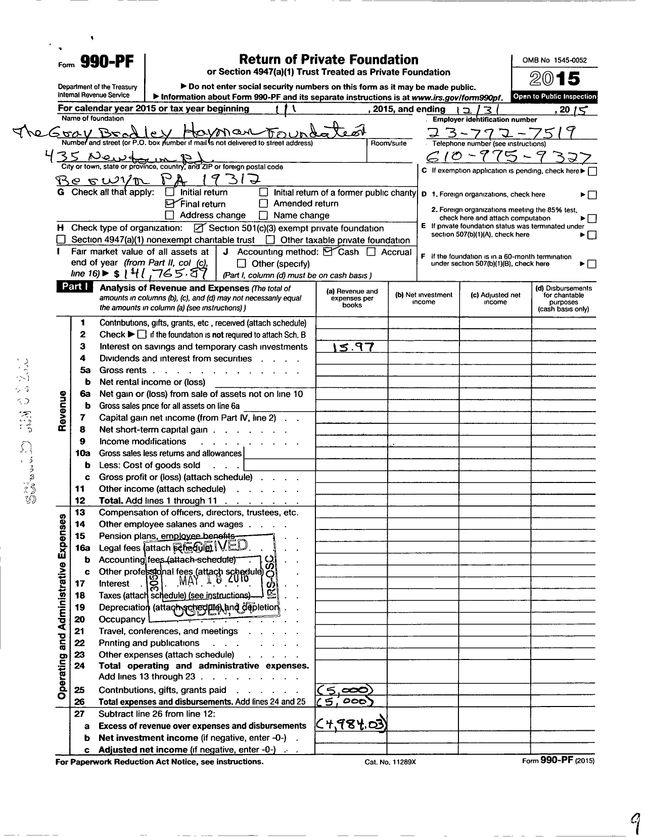 Image of first page of 2015 Form 990PF for The Gray Bradley Hayman Foundation Ii