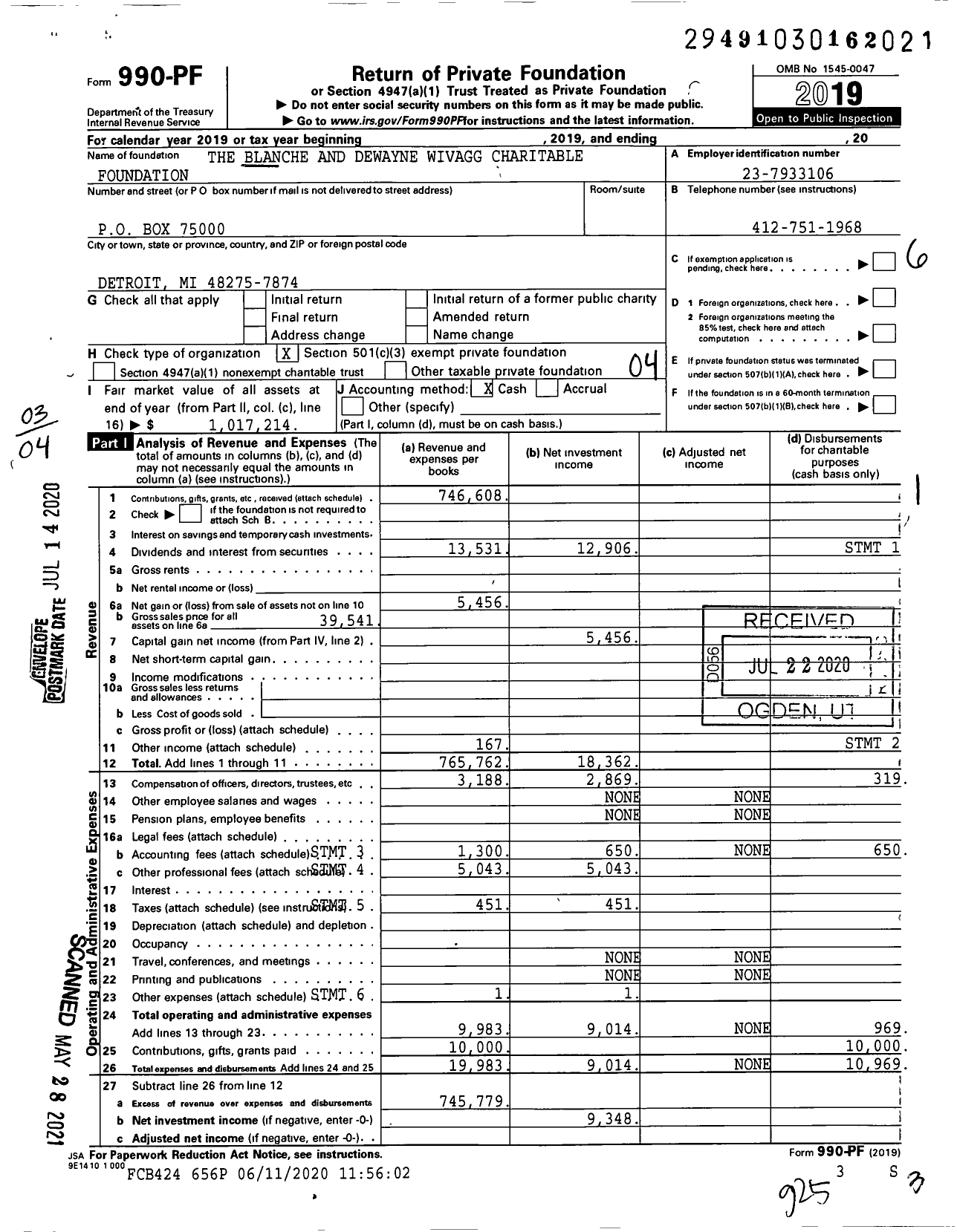 Image of first page of 2019 Form 990PF for The Blanche and Dewayne Wivagg Charitable