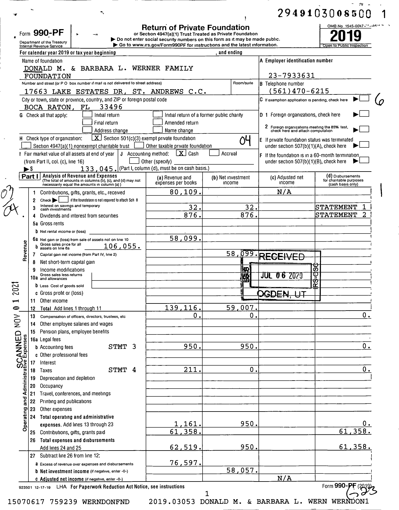 Image of first page of 2019 Form 990PF for Donald M and Barbara L Werner Family Foundation