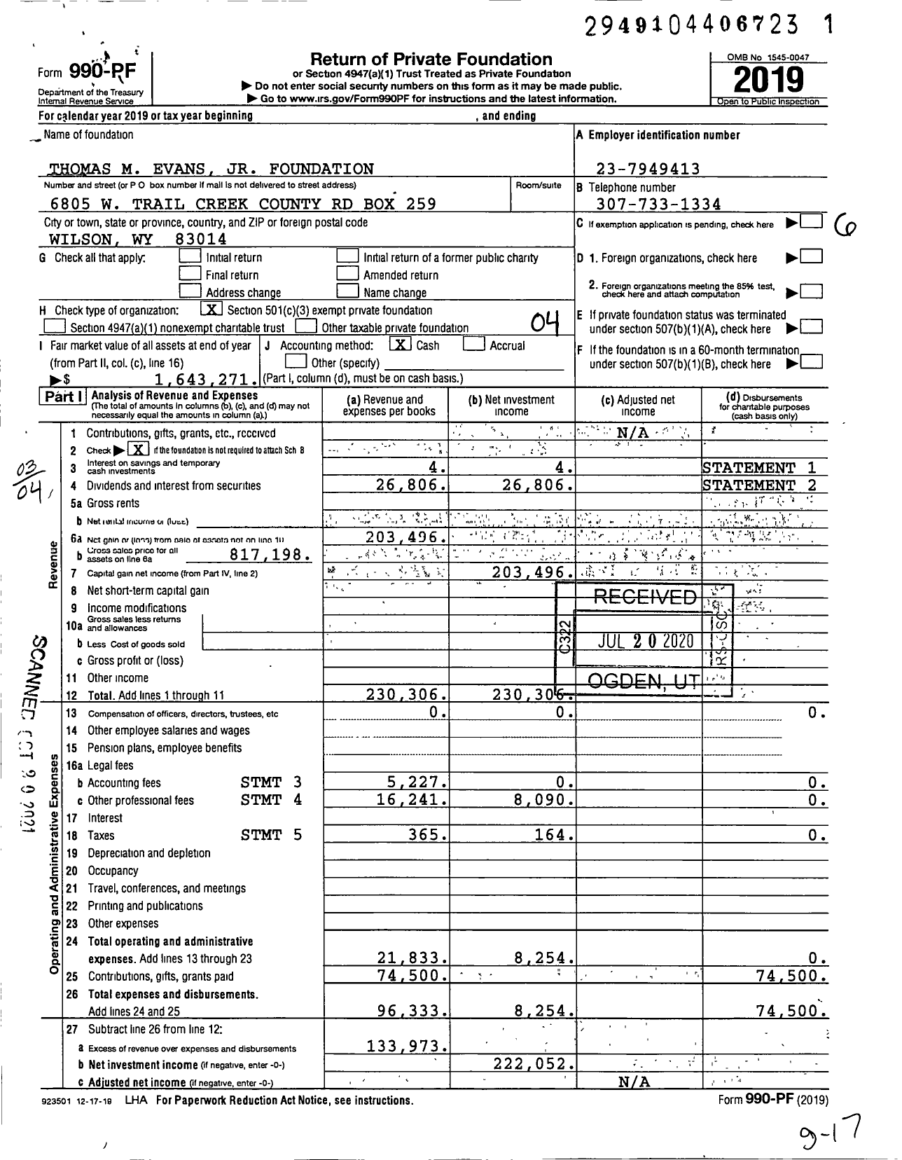 Image of first page of 2019 Form 990PF for Thomas M Evans JR Foundation