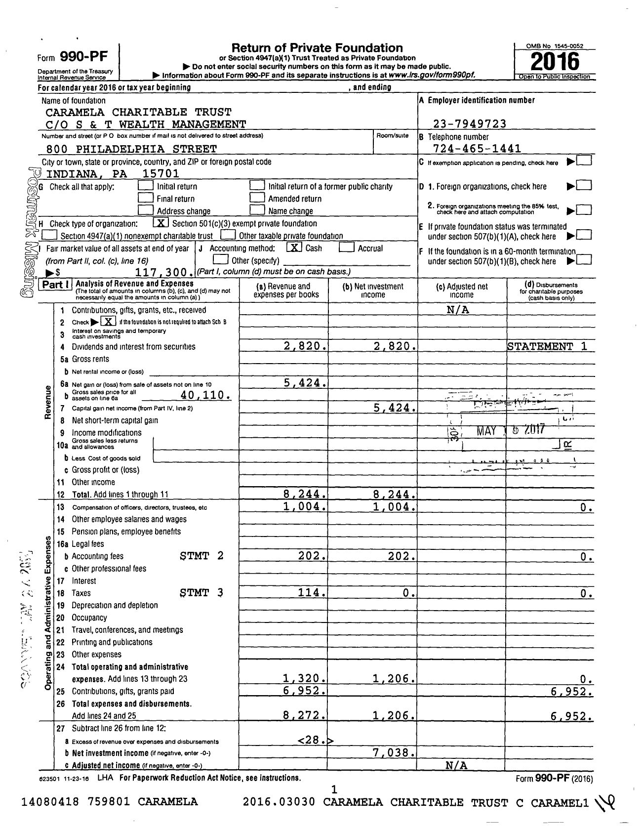 Image of first page of 2016 Form 990PF for Caramela Charitable Trust