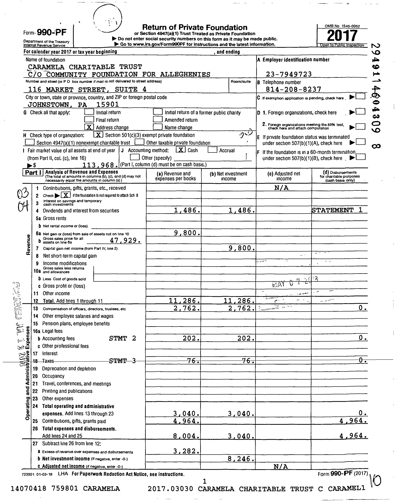 Image of first page of 2017 Form 990PF for Caramela Charitable Trust