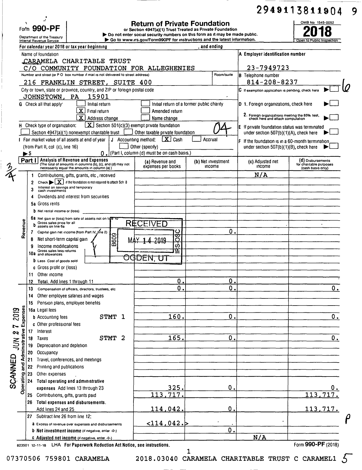 Image of first page of 2018 Form 990PF for Caramela Charitable Trust