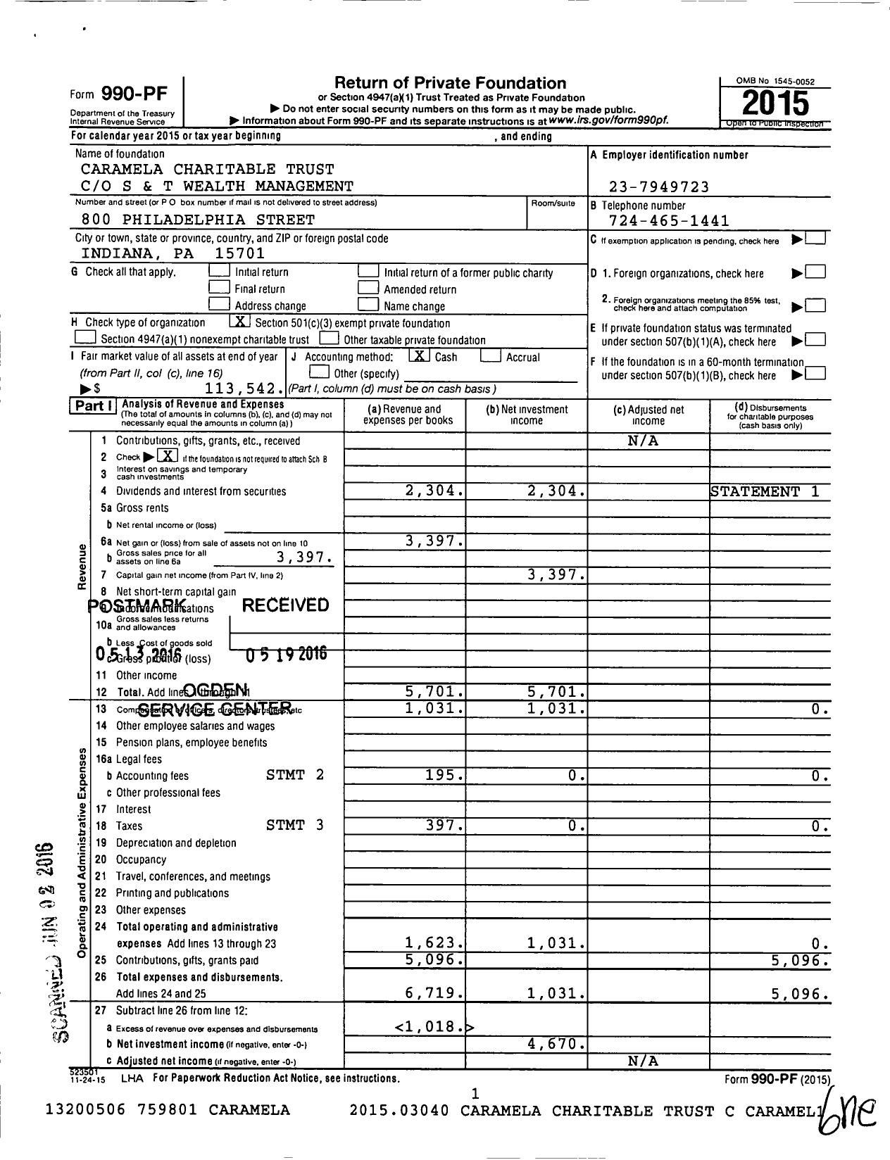 Image of first page of 2015 Form 990PF for Caramela Charitable Trust