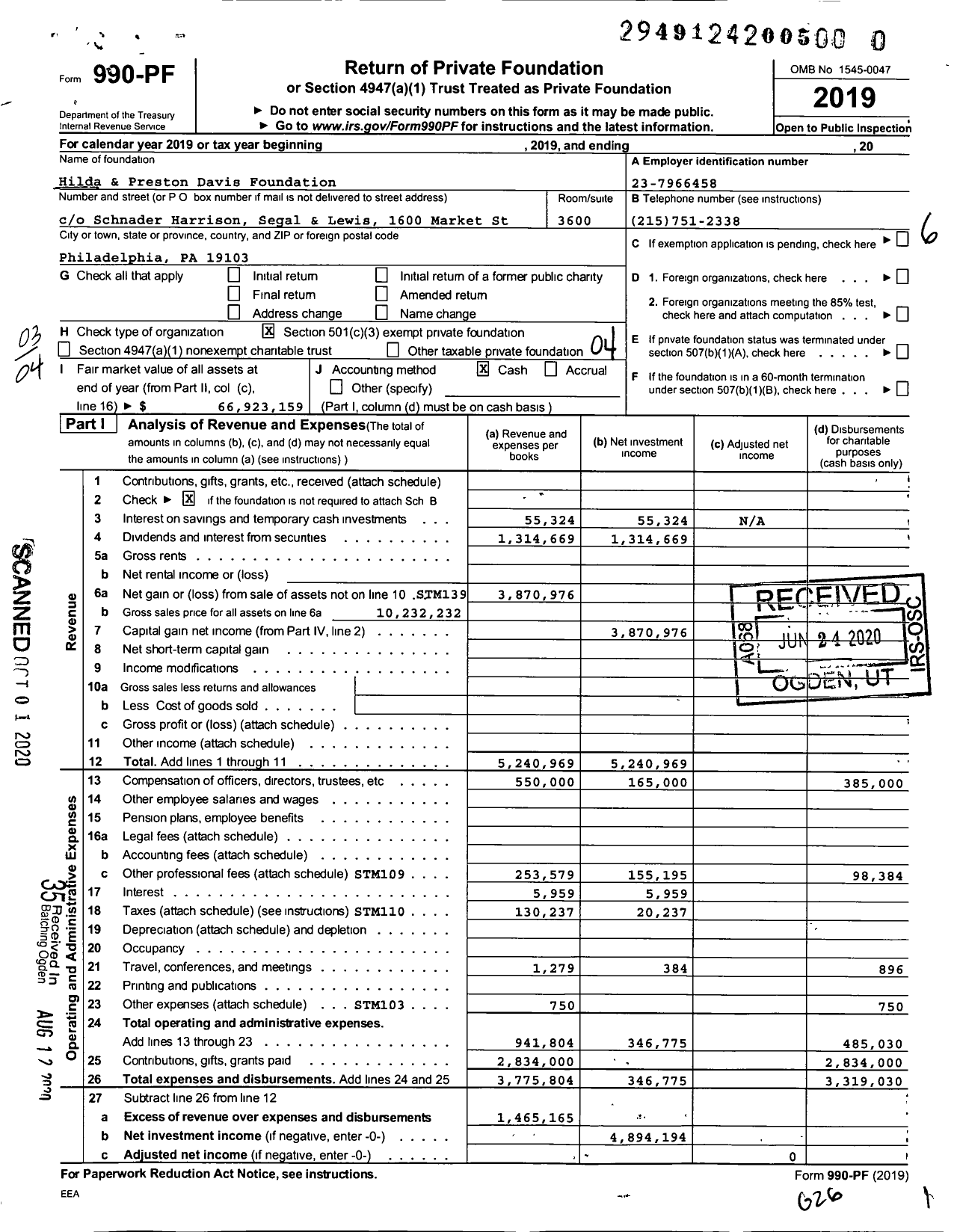 Image of first page of 2019 Form 990PR for Hilda & Preston Davis Foundation