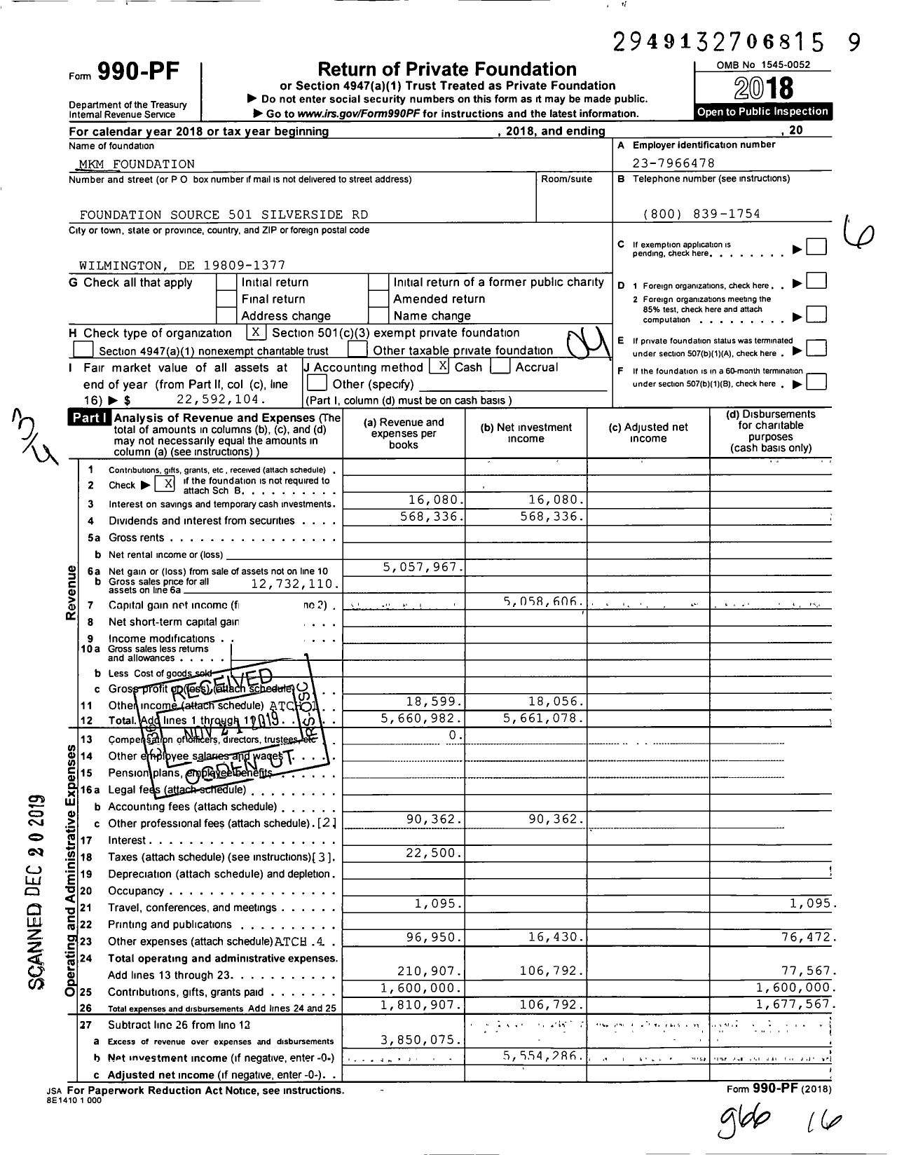 Image of first page of 2018 Form 990PF for MKM Foundation / Odonnell James Marie Elizabeth Ttee