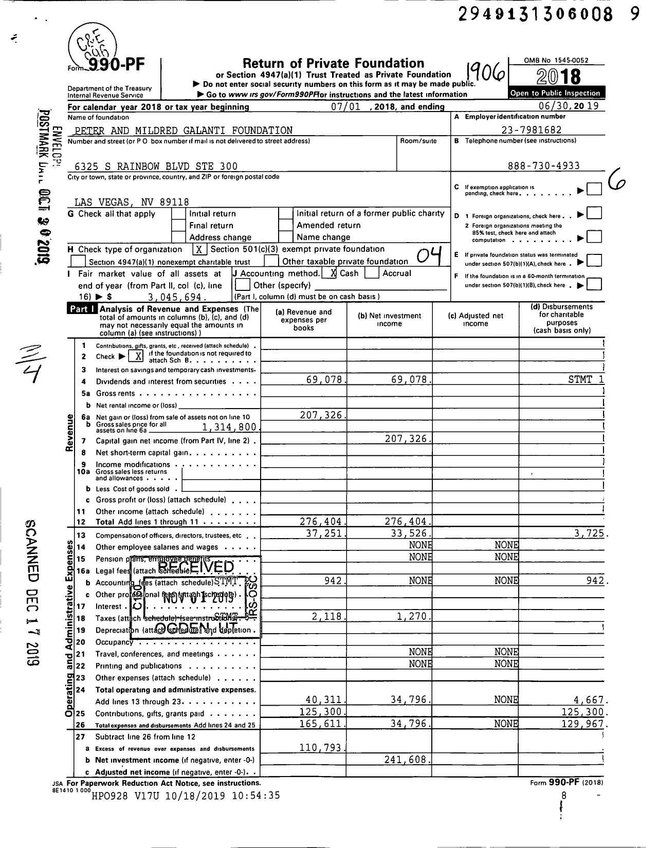 Image of first page of 2018 Form 990PF for Peter and Mildred Galanti Foundation