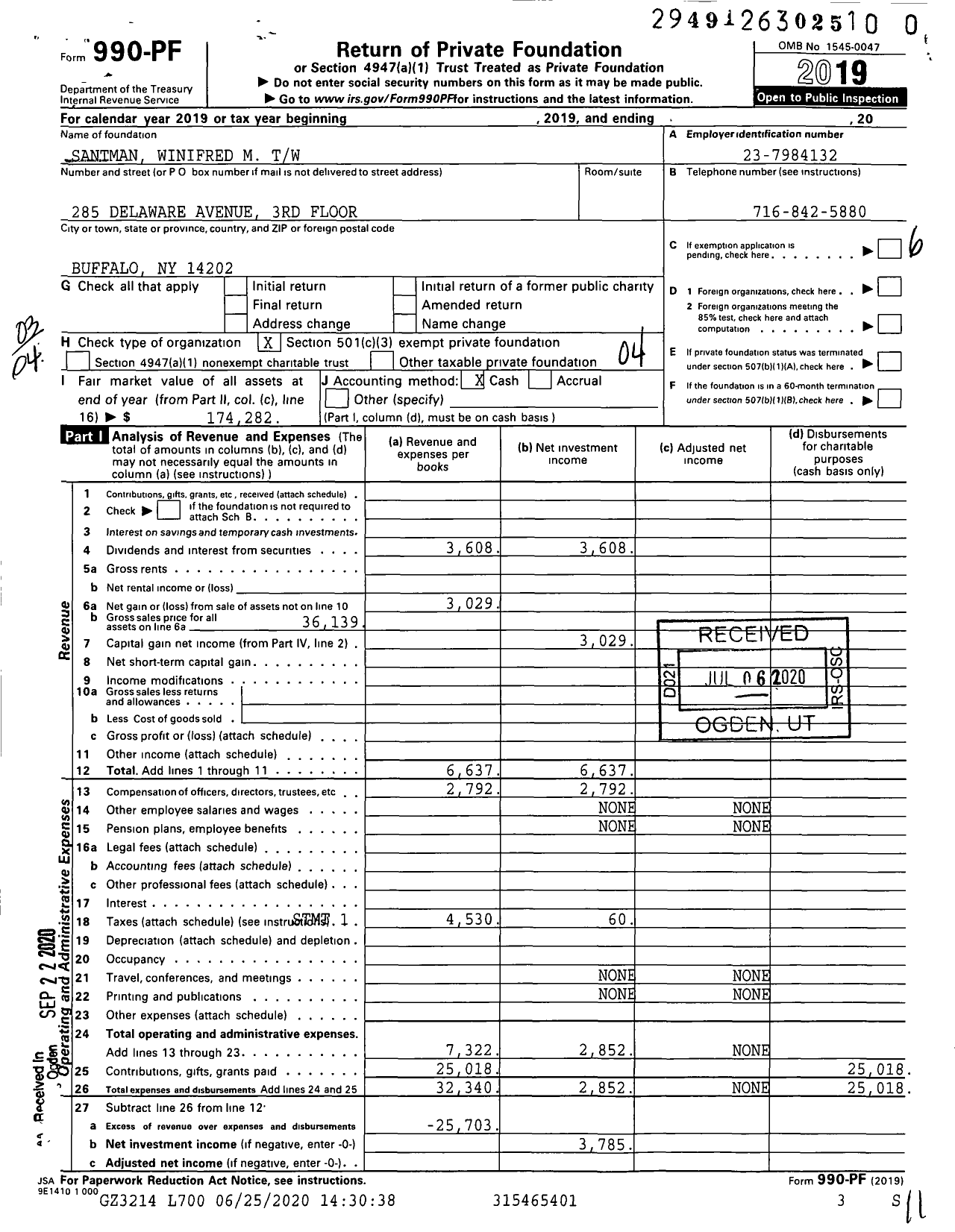 Image of first page of 2019 Form 990PF for Santman Winifred M TW