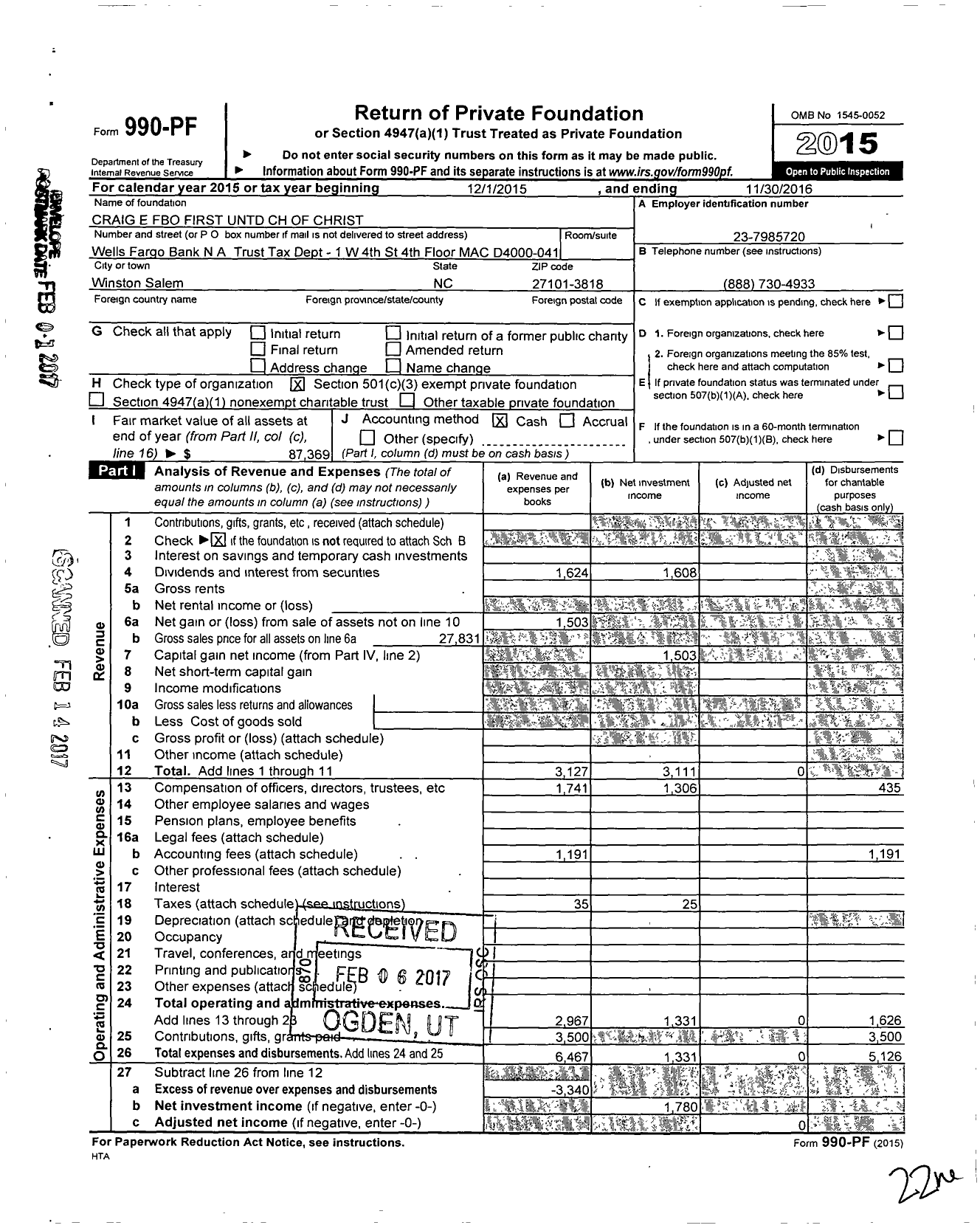 Image of first page of 2015 Form 990PF for Craig E Fbo First Untd CH of Christ