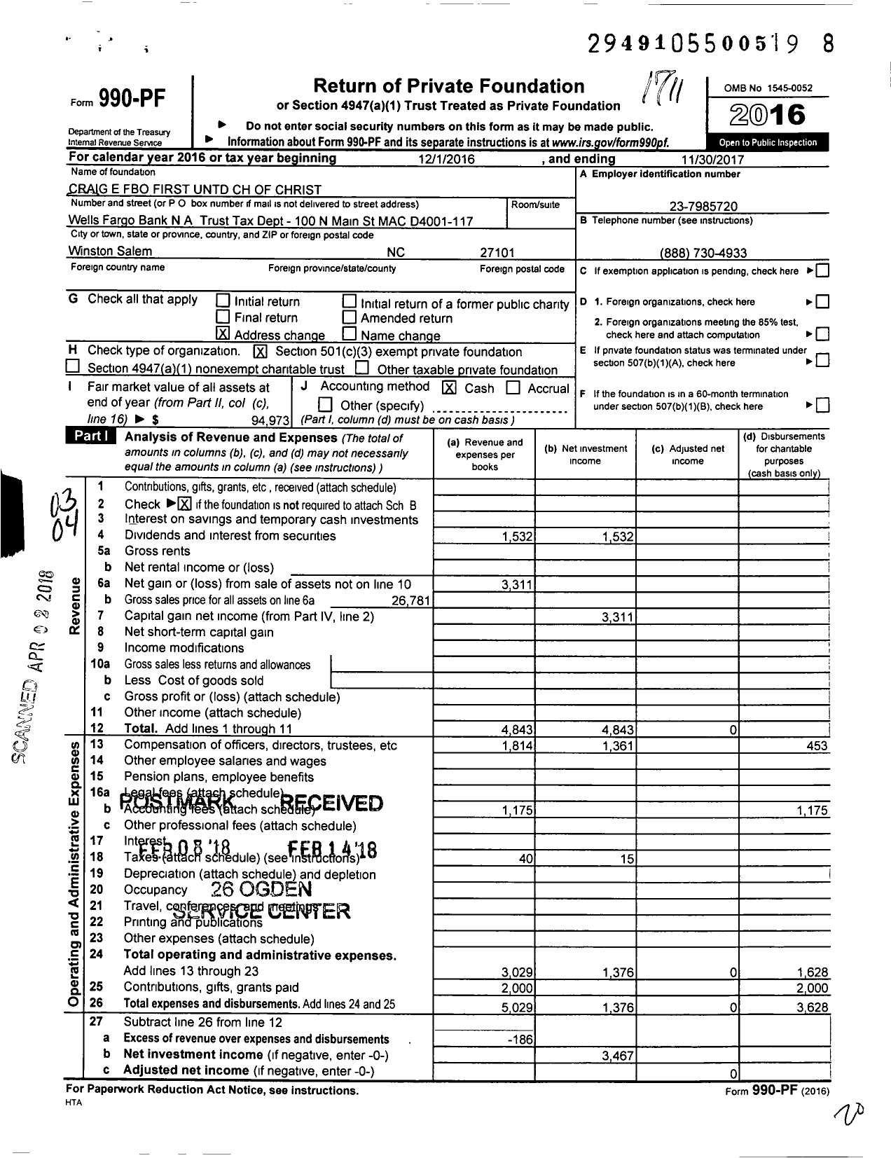 Image of first page of 2016 Form 990PF for Craig E Fbo First Untd CH of Christ