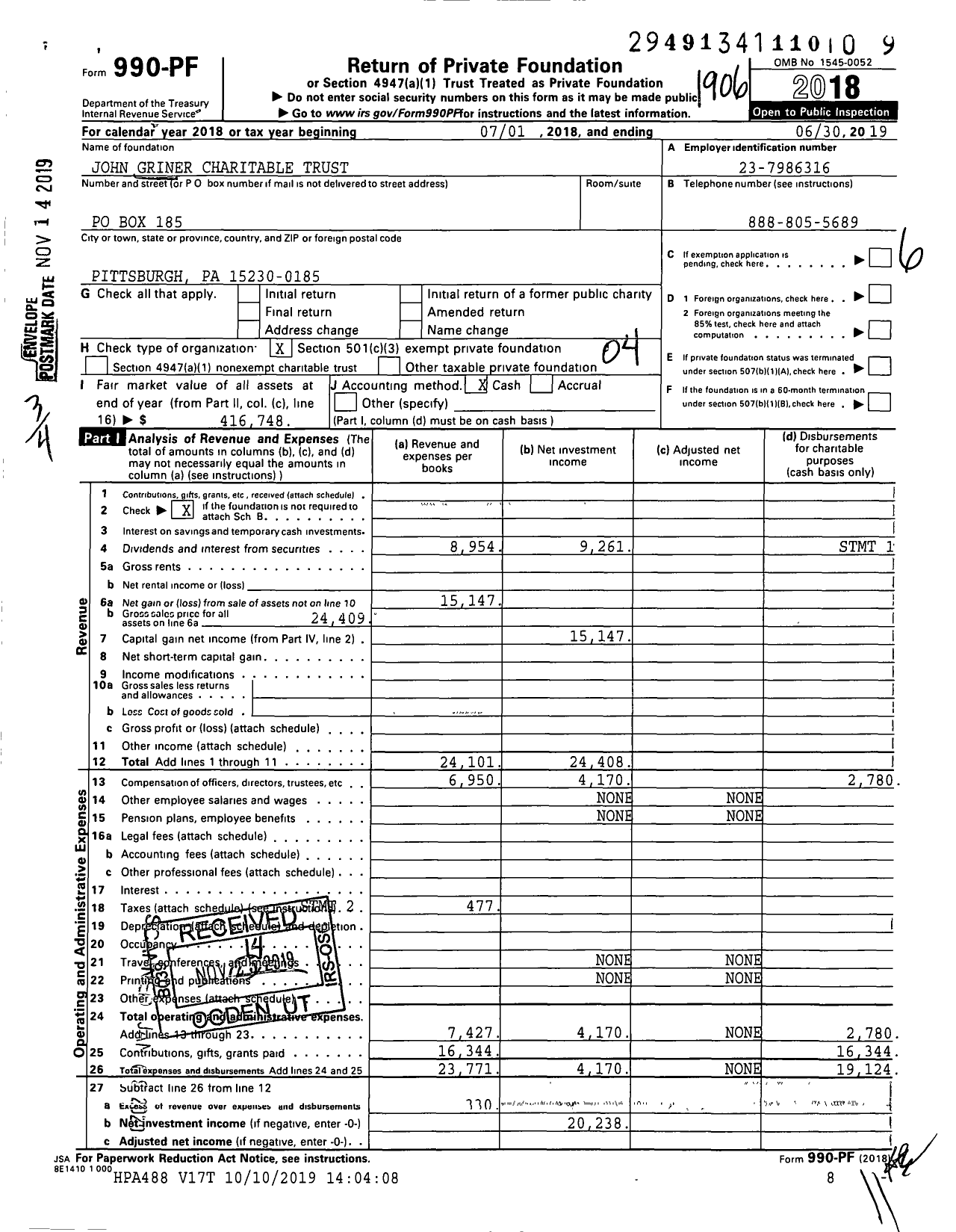 Image of first page of 2018 Form 990PF for John Griner Charitable Trust