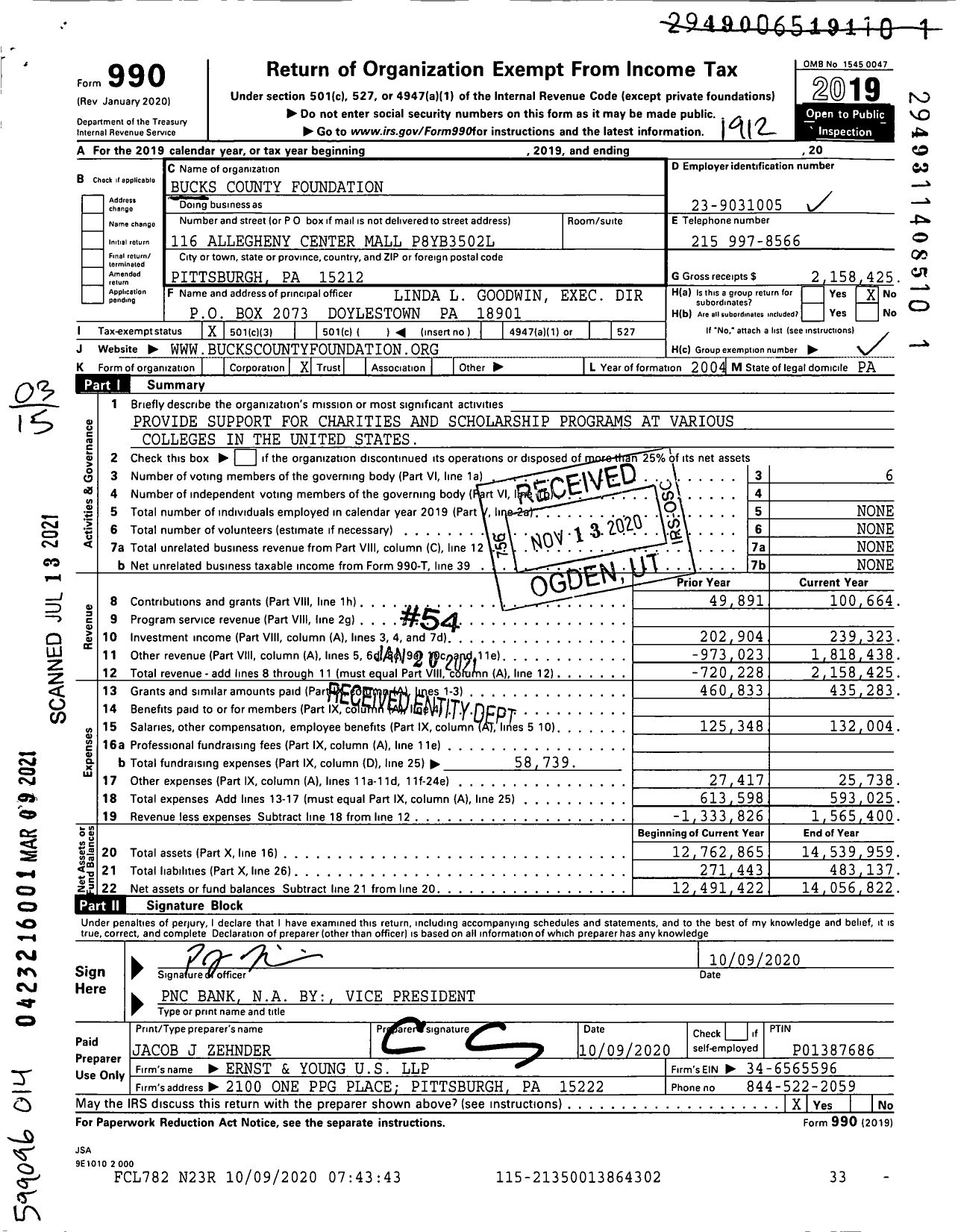 Image of first page of 2019 Form 990 for Bucks County Foundation