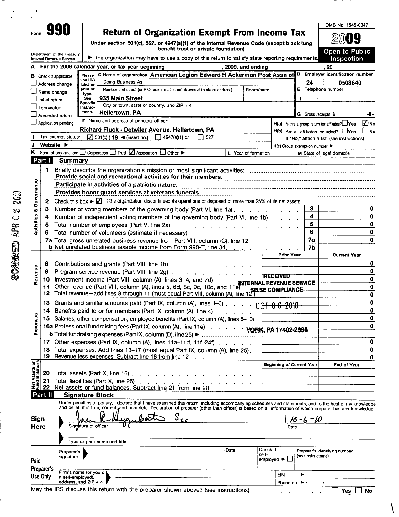 Image of first page of 2009 Form 990O for American Legion Edward H Ackerman Post Association of