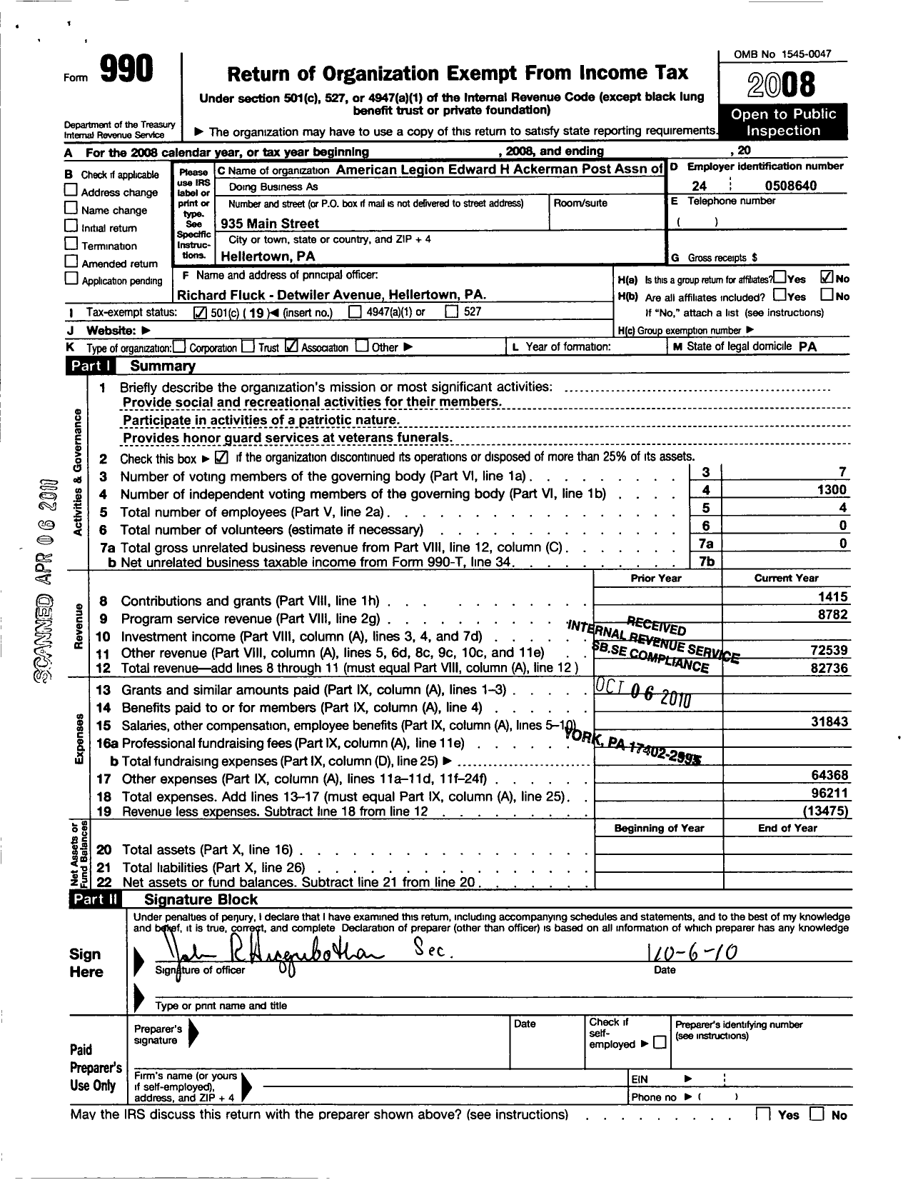 Image of first page of 2008 Form 990O for American Legion Edward H Ackerman Post Association of