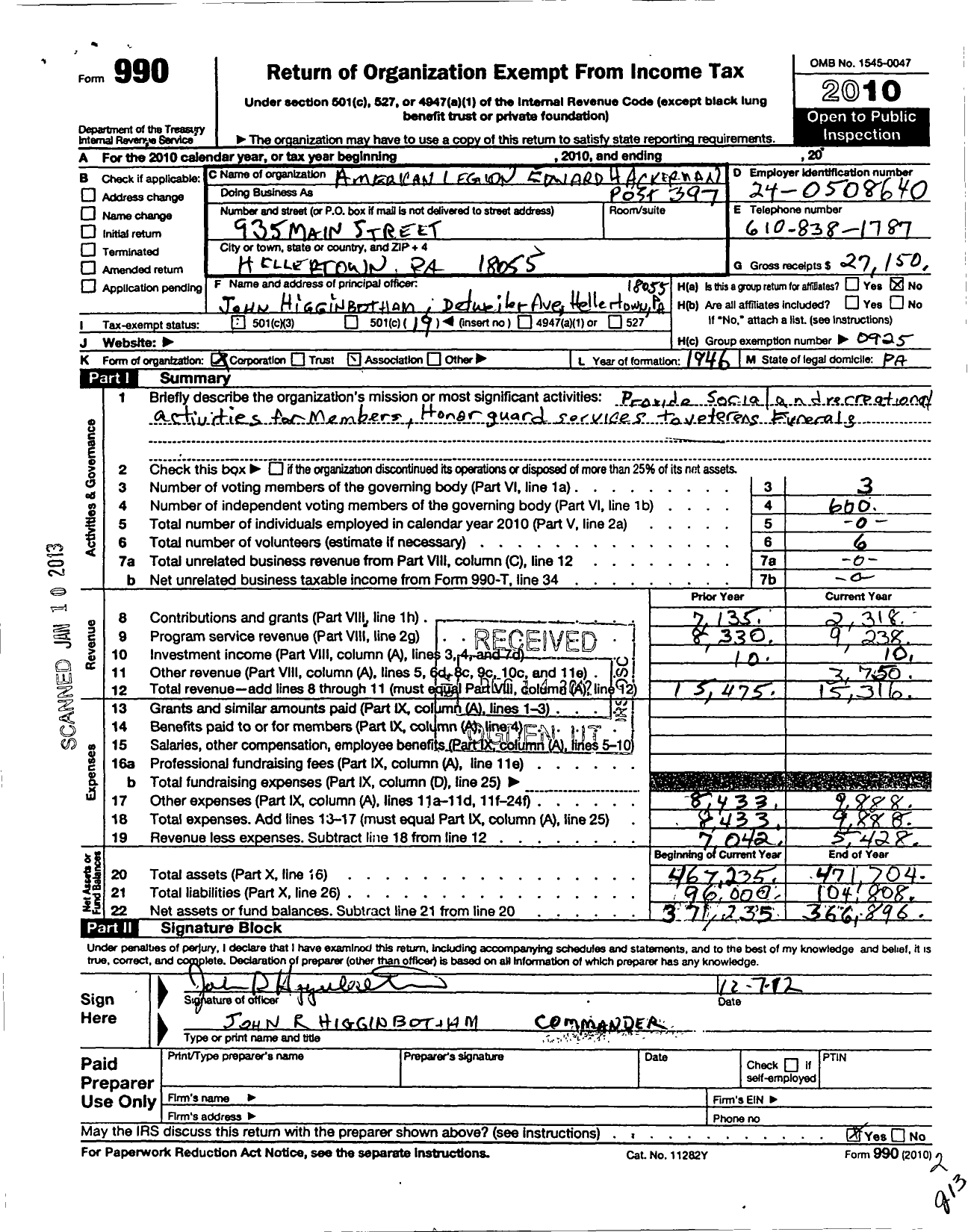 Image of first page of 2010 Form 990O for American Legion Edward H Ackerman Post Association of